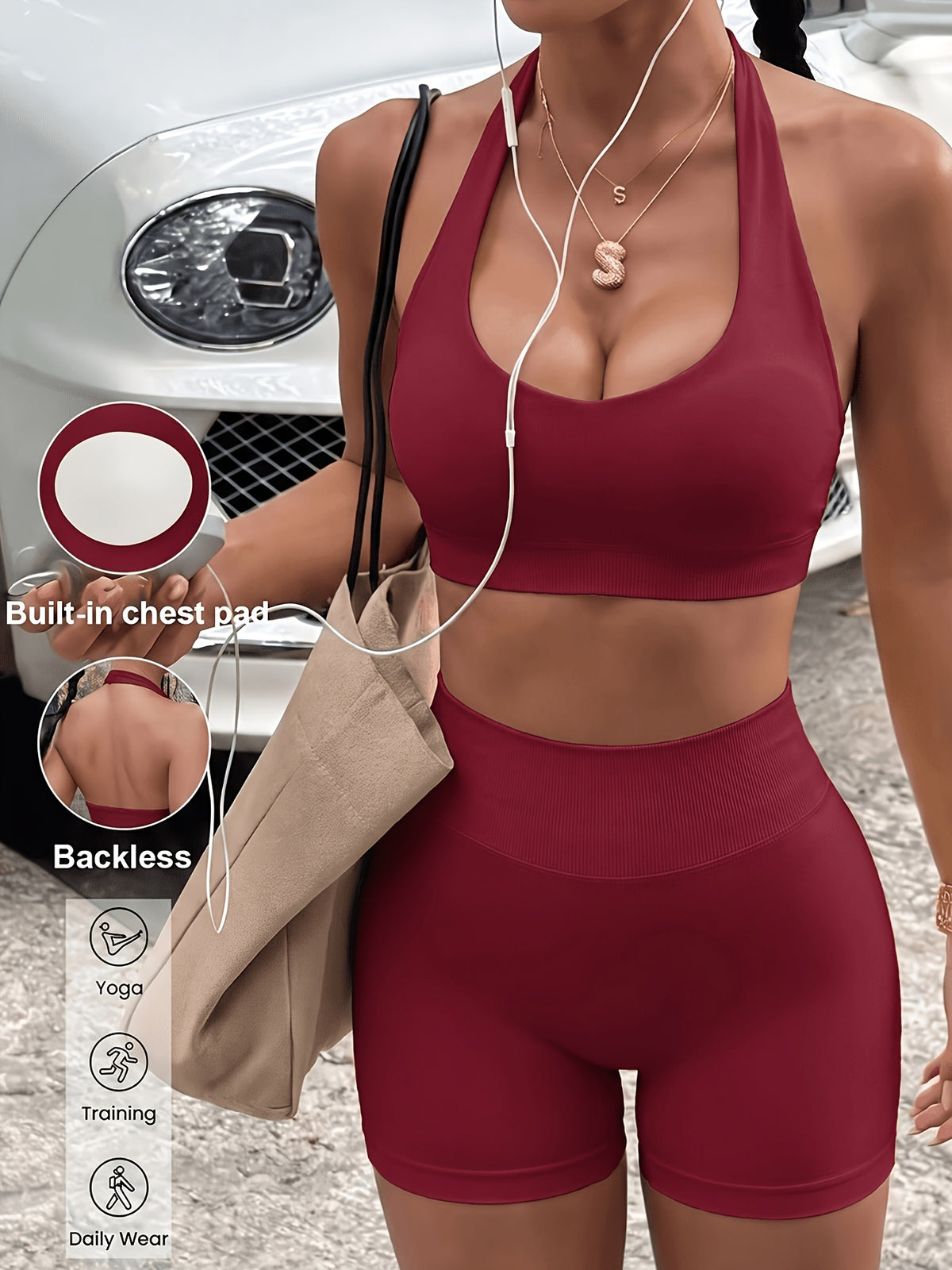 Halter U Neck Bra & Shorts Set - Angola Red