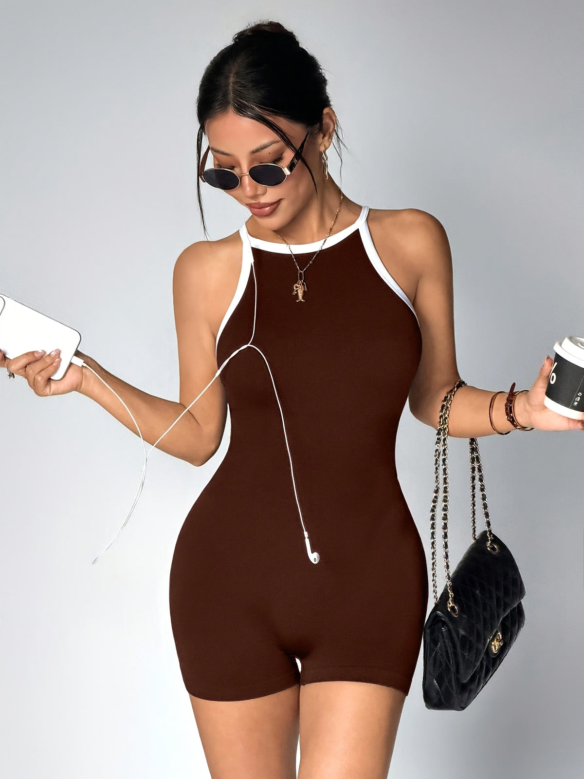 High Neck Open Back Romper - Dark Brown
