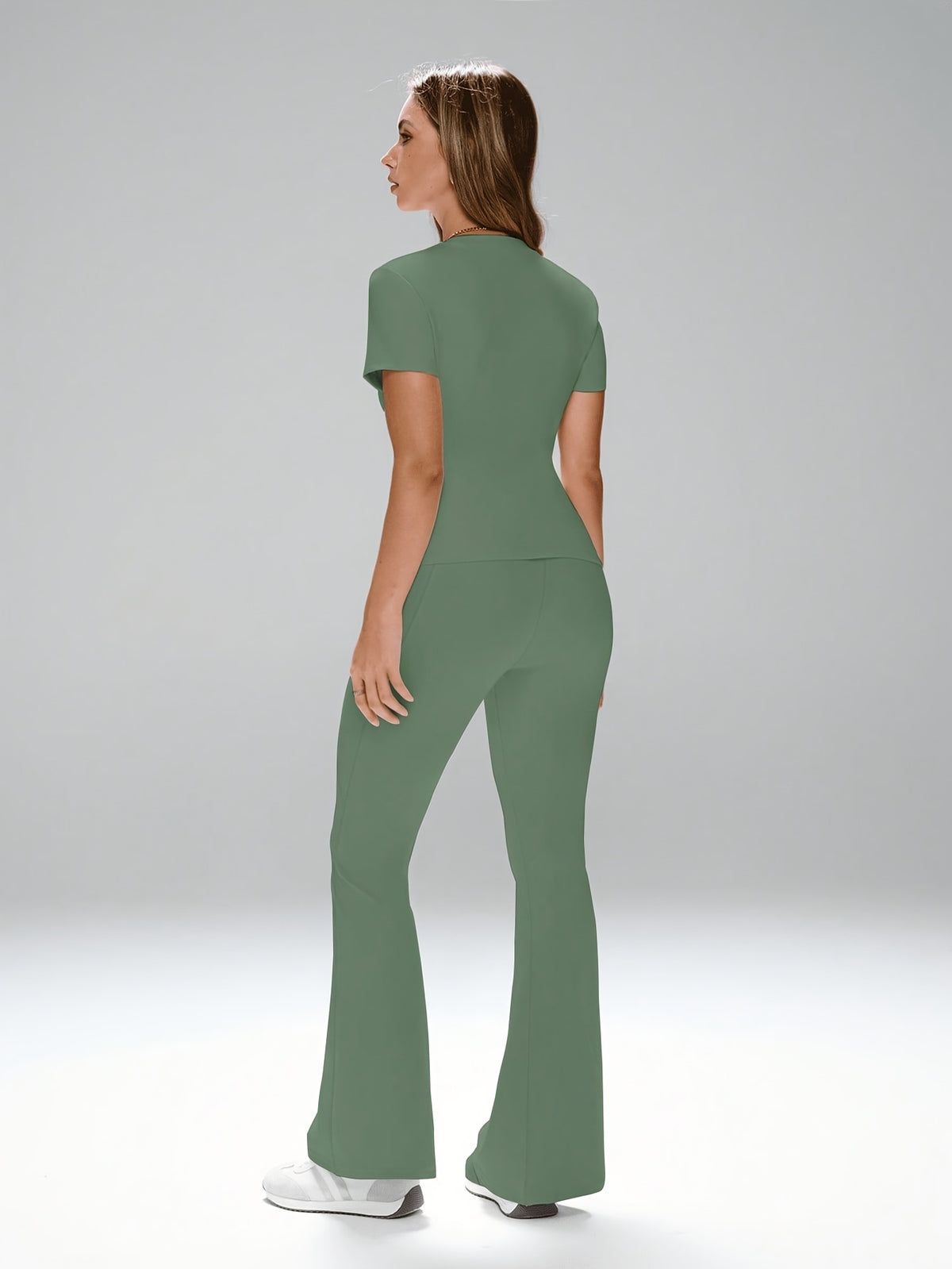 Short Sleeve Top & Flare Pants Set - Dark Green