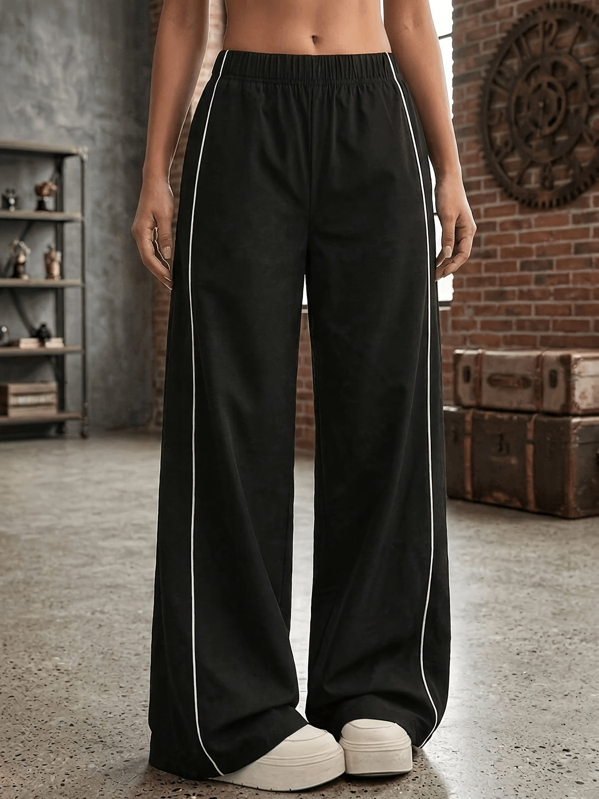 Side Stripe Wide Leg Pants - Black