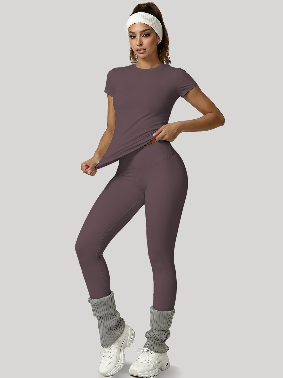 Round Neck Top & Tummy Tuck Leggings Set - Eggplant Purple