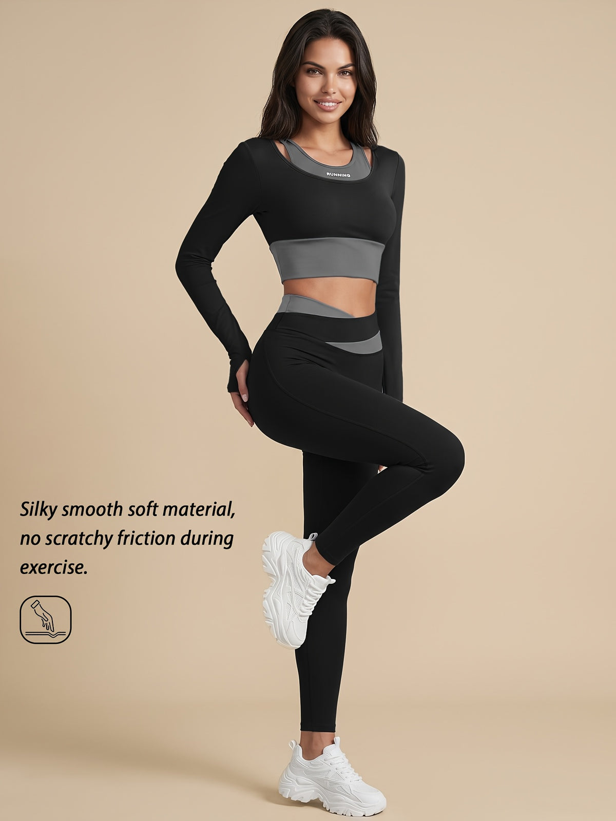 Faux Two-Piece Contrast Top & Leggings Set - Black
