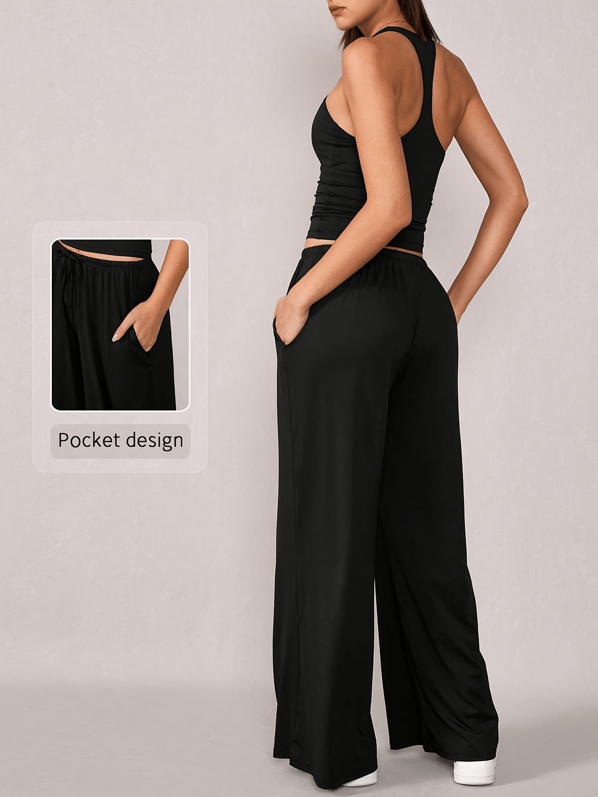 Racerback Tank & Wide Leg Pants Set - Black