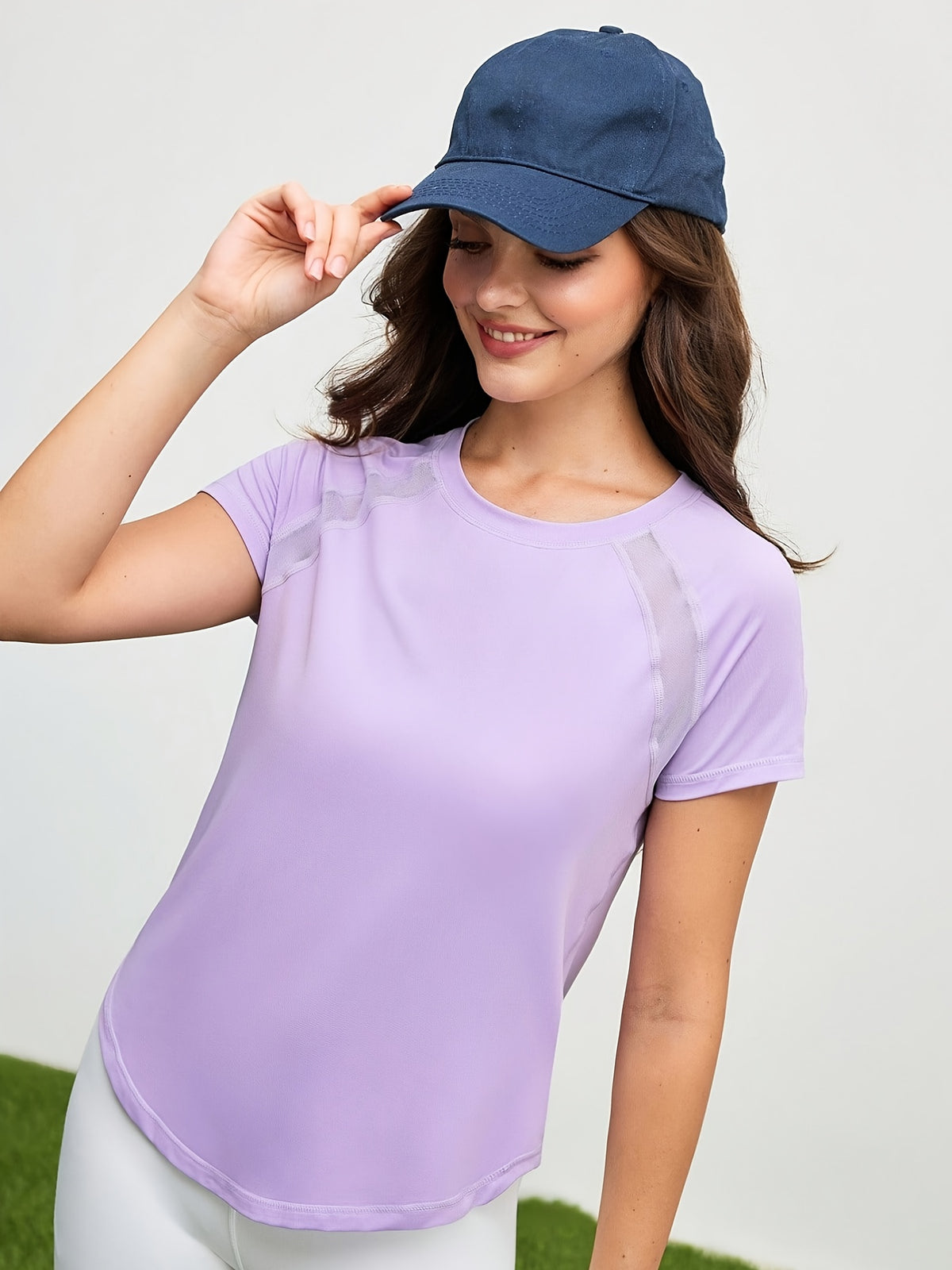 Mesh Spliced Quick-Dry Sports Tee - Light Purple
