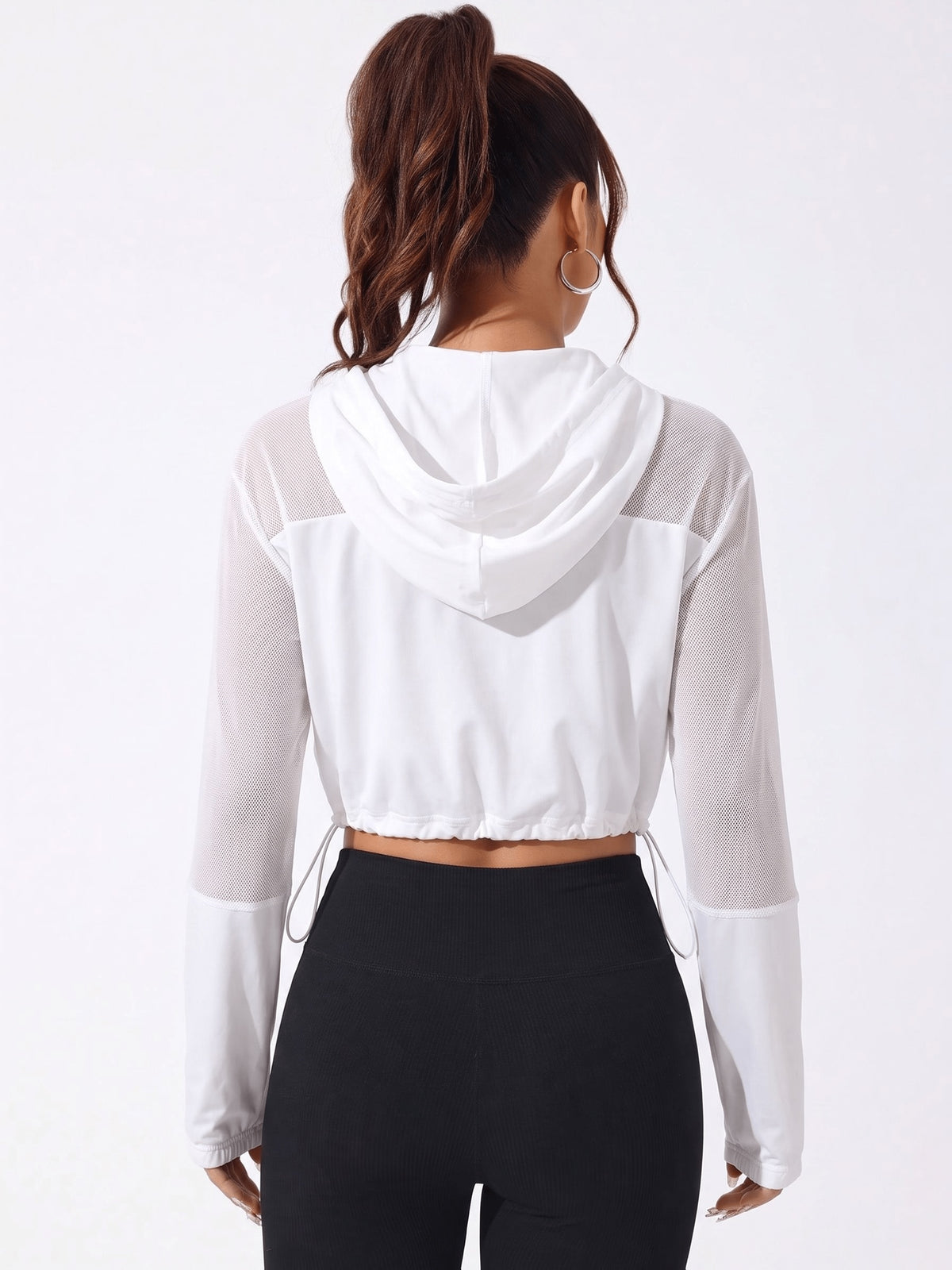Mesh Patchwork Zip Up Hoodie - White