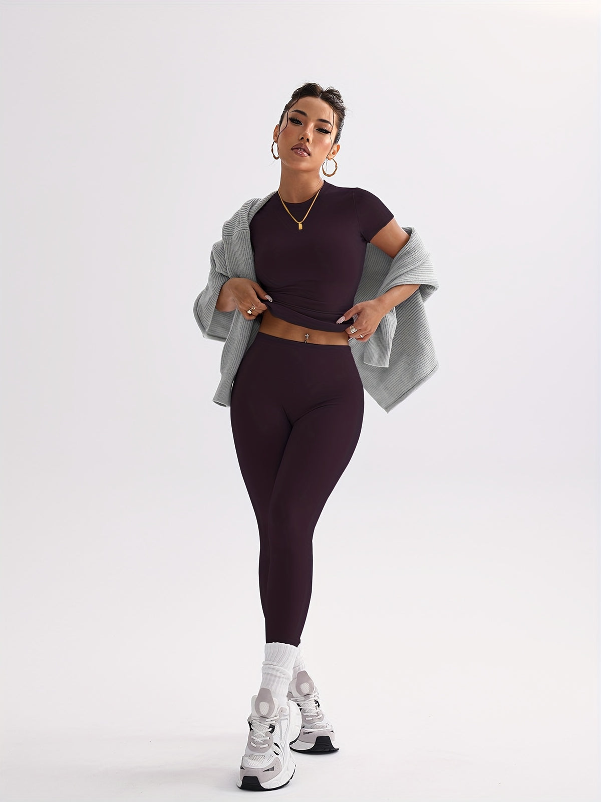Cropped Tee & Leggings Set - Deep Purple