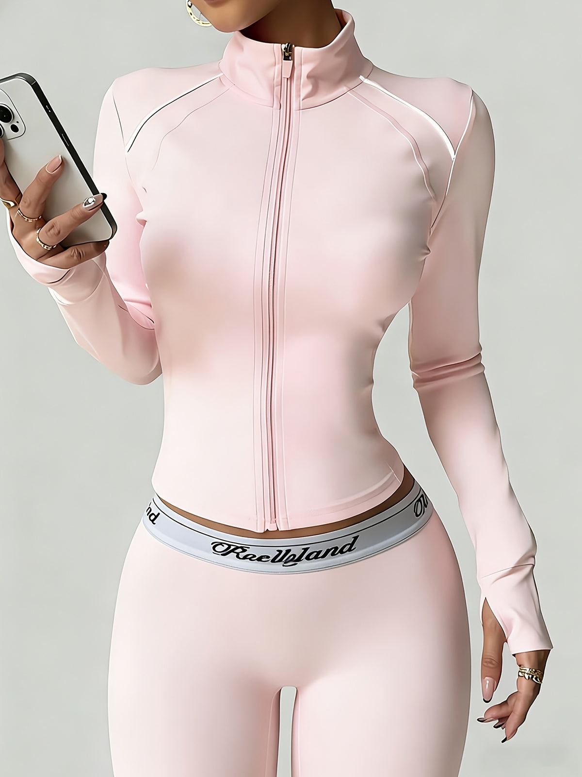 Contrast Trim Zip Up Fitted Jacket - Pink
