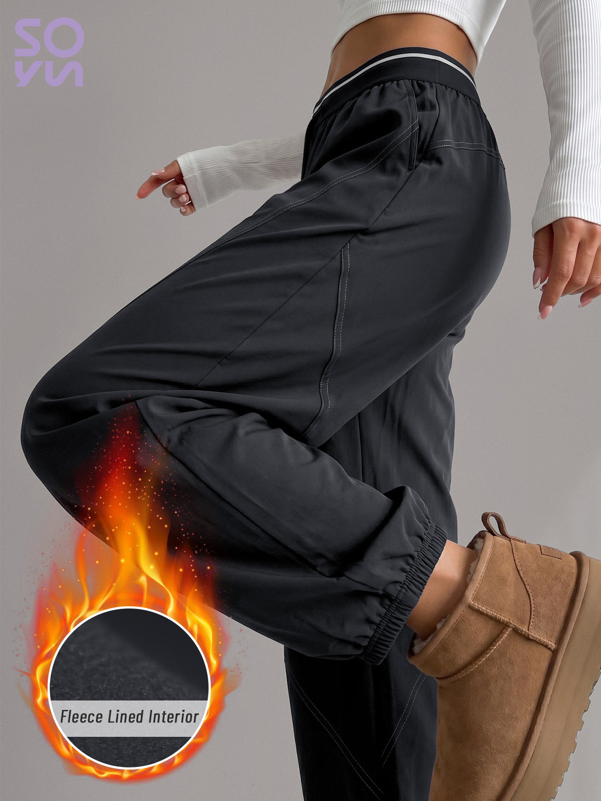 Thick Cuffed High Waist Pocket Joggers - Black
