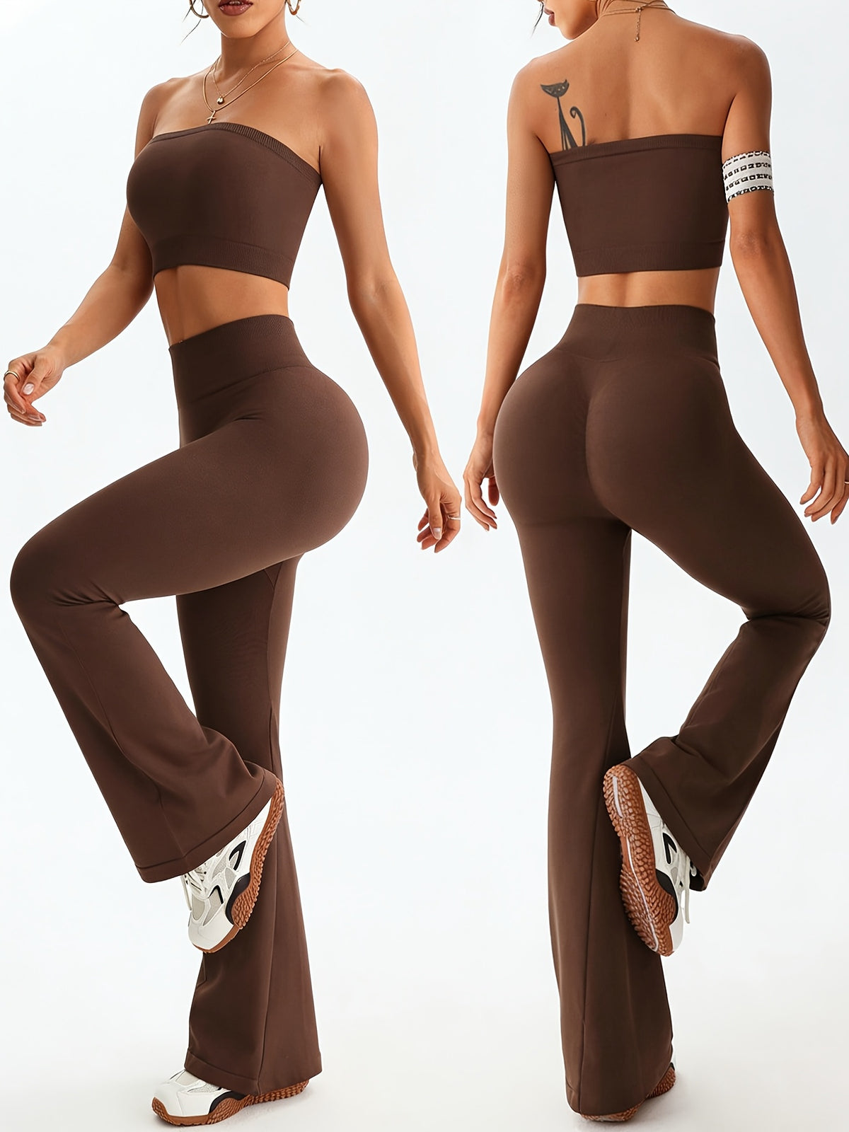 Tummy Control Tank & Flare Pants Set - Coffee Brown
