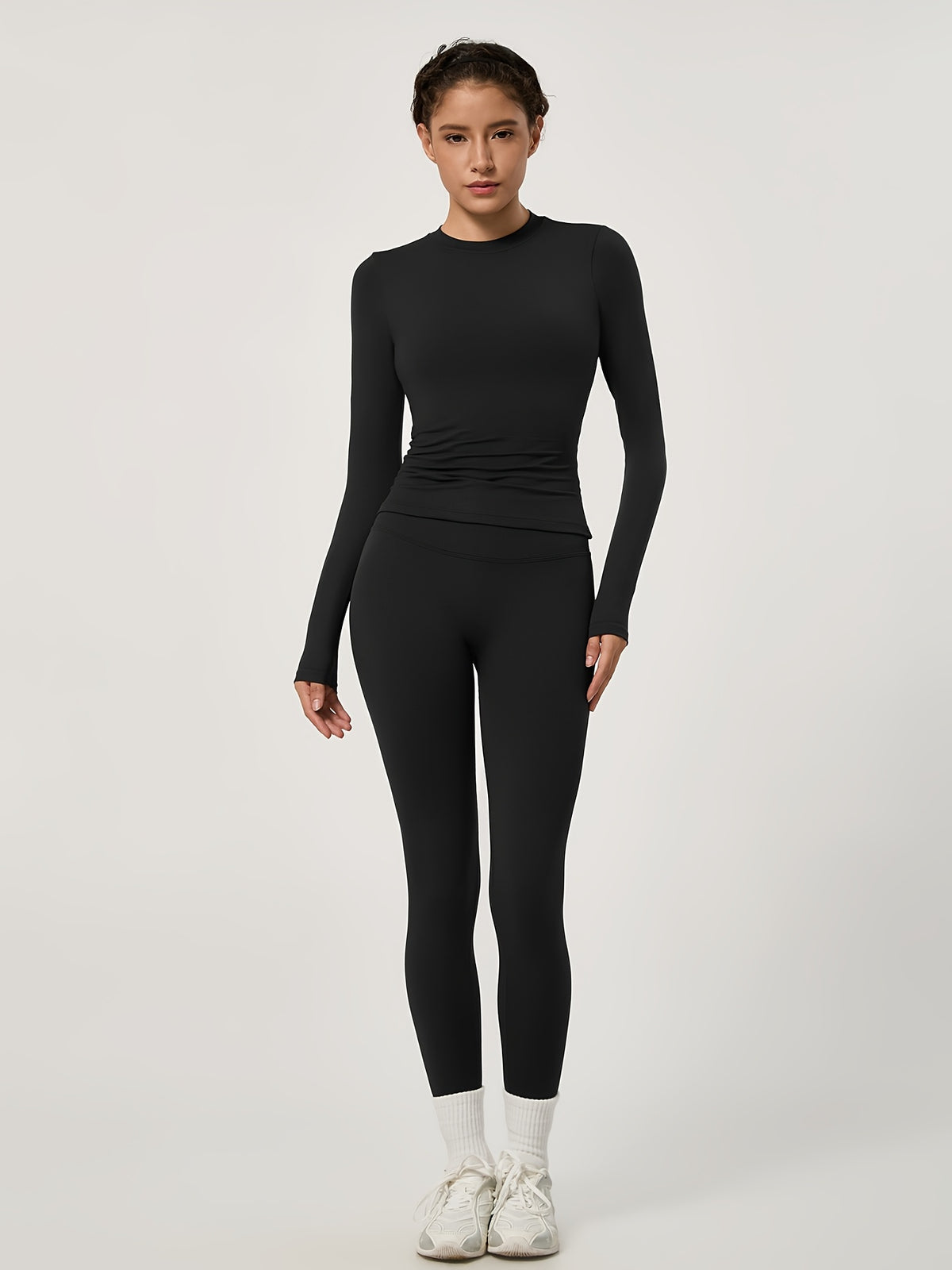 Long Sleeve Top & Seamless Leggings Set - Black
