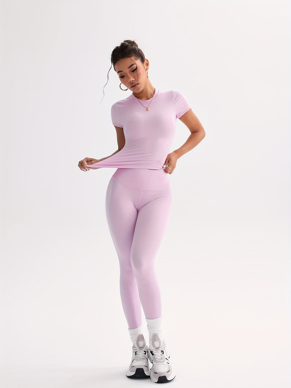 Cropped Tee & Leggings Set - Pink Red