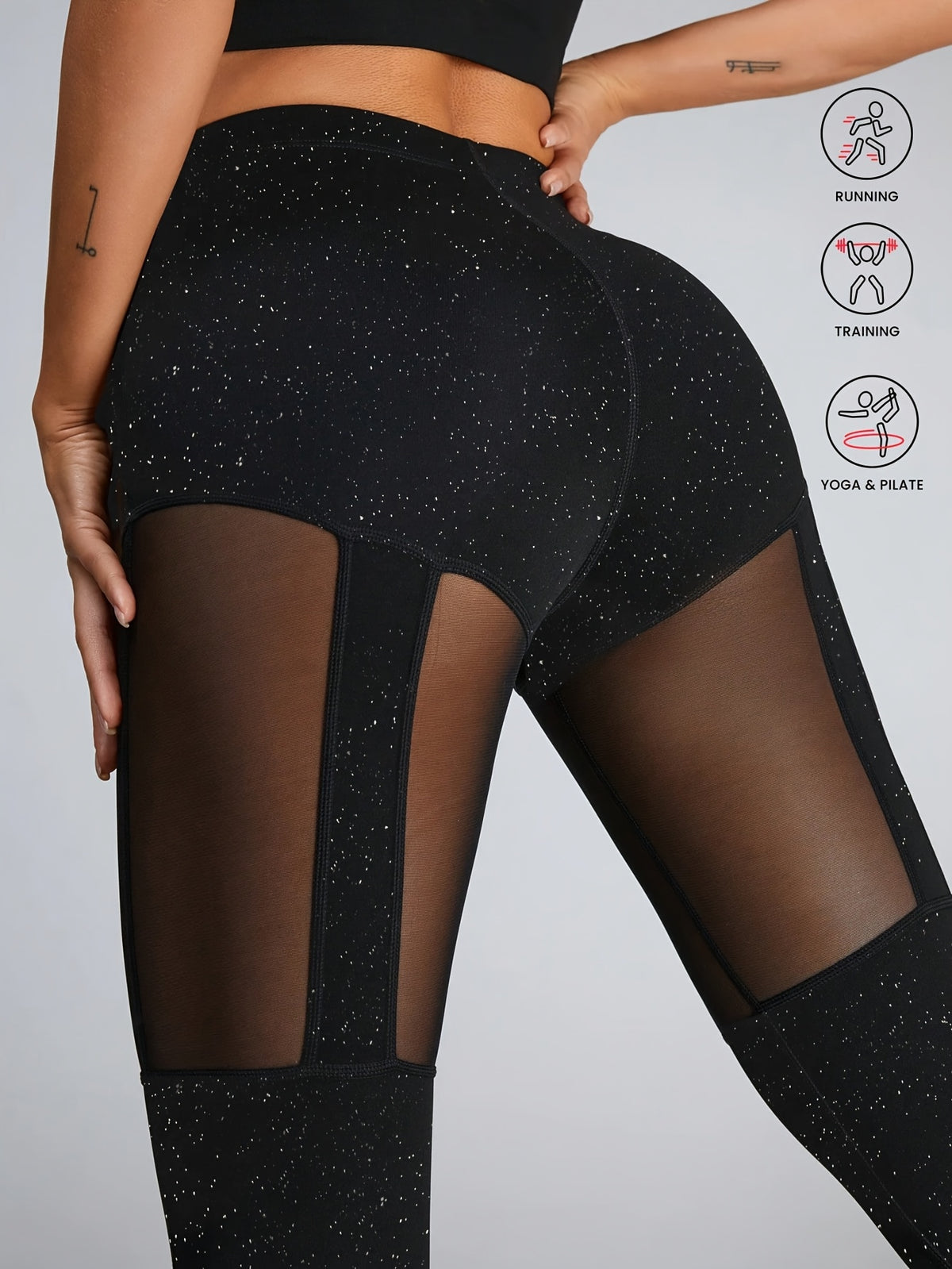 Mesh Paneled Quick-Dry Yoga Leggings - Black Glitter
