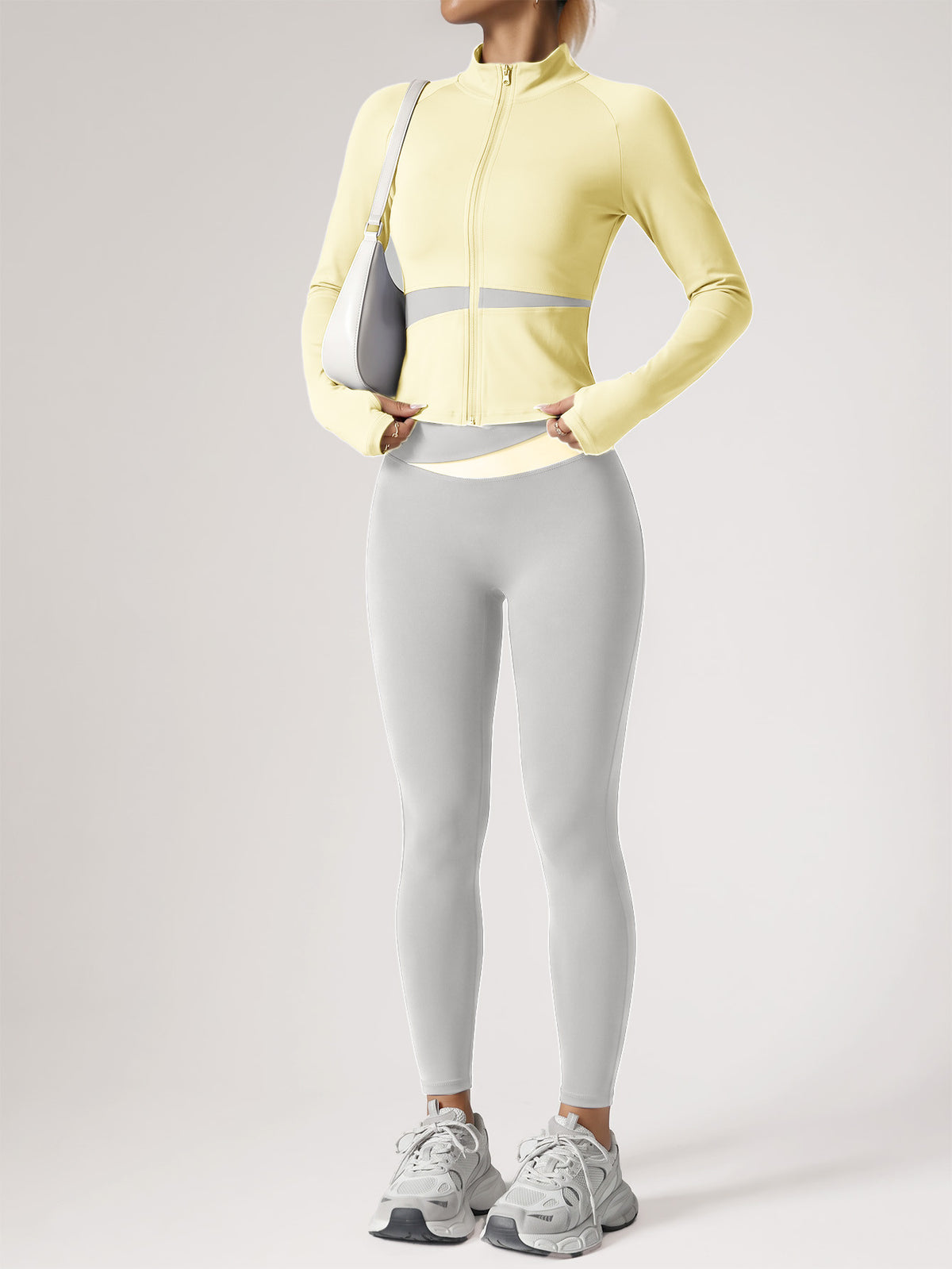 Contrast Zip Jacket & Lifting Leggings Set - Yellow & Light Grey