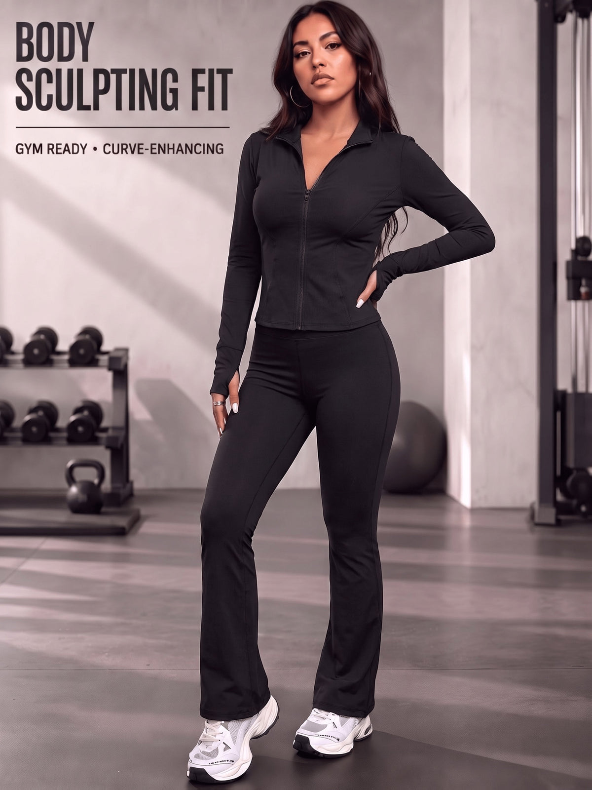 Thumbhole Zip Jacket & Flare Pants Set - Black