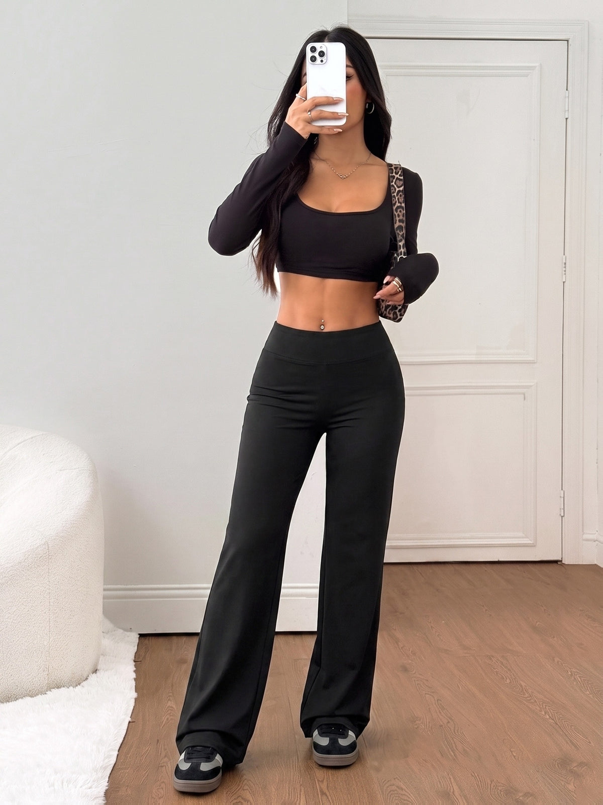 High Waist Straight Leg Yoga Pants - Black