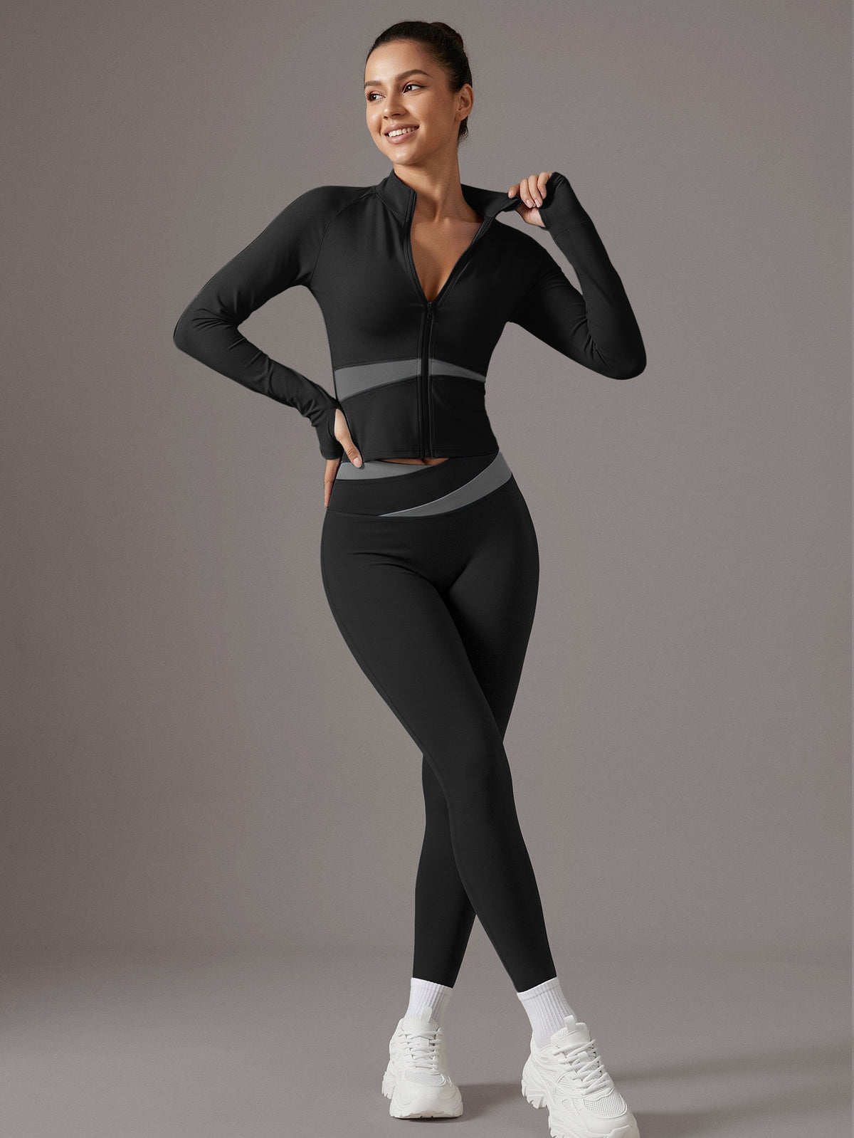 Color Block Cardigan Jacket & Slim Pants Set - Black