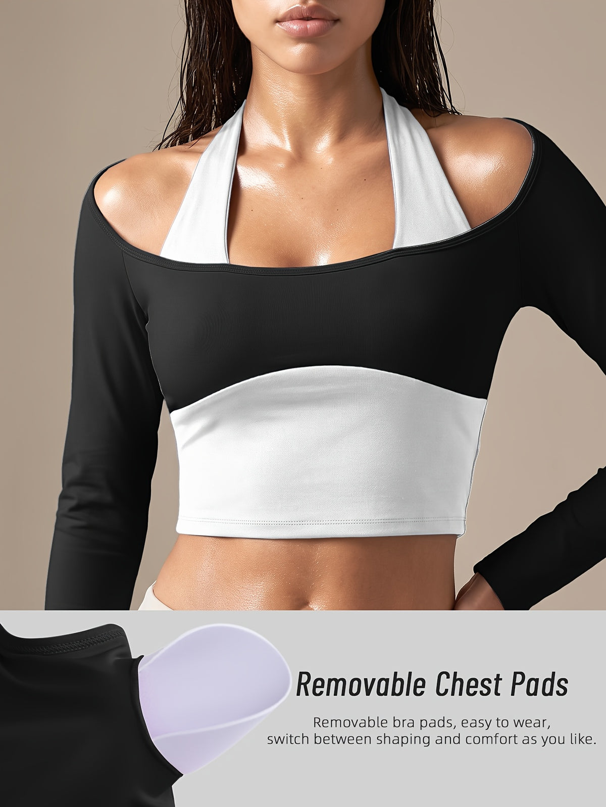 Faux Two-Piece Halter Color Block Top - Black