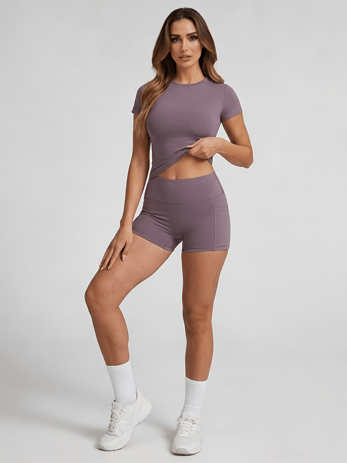 Tummy Control Top & Pocket Shorts Set - Eggplant Purple