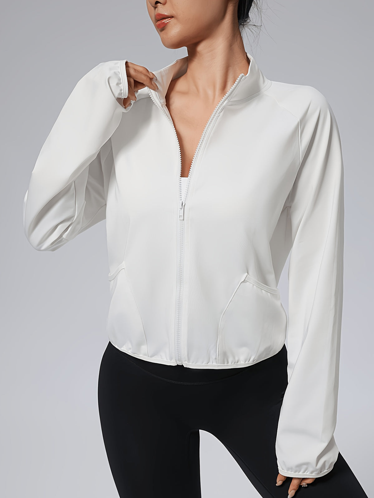 Short Stand Collar Pocket Zip Jacket - White
