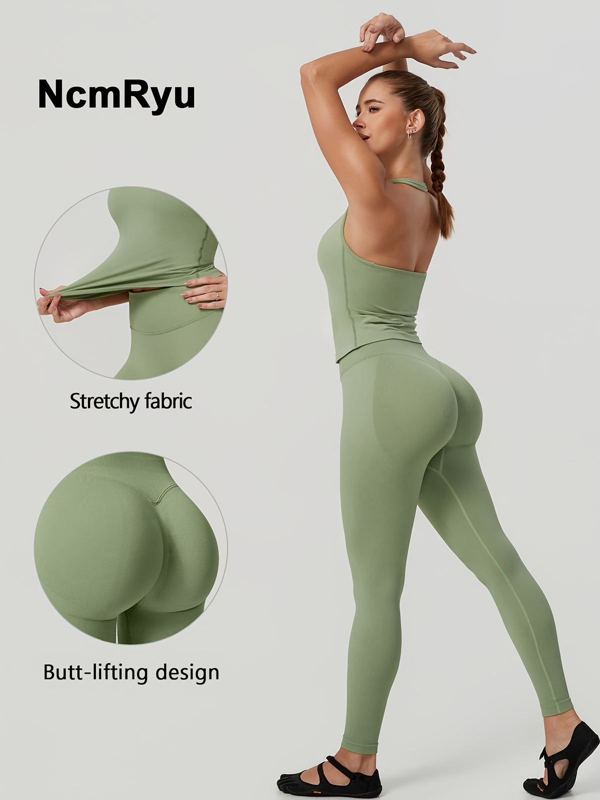 Square Neck Halter Tank & Leggings Set - Moss Green