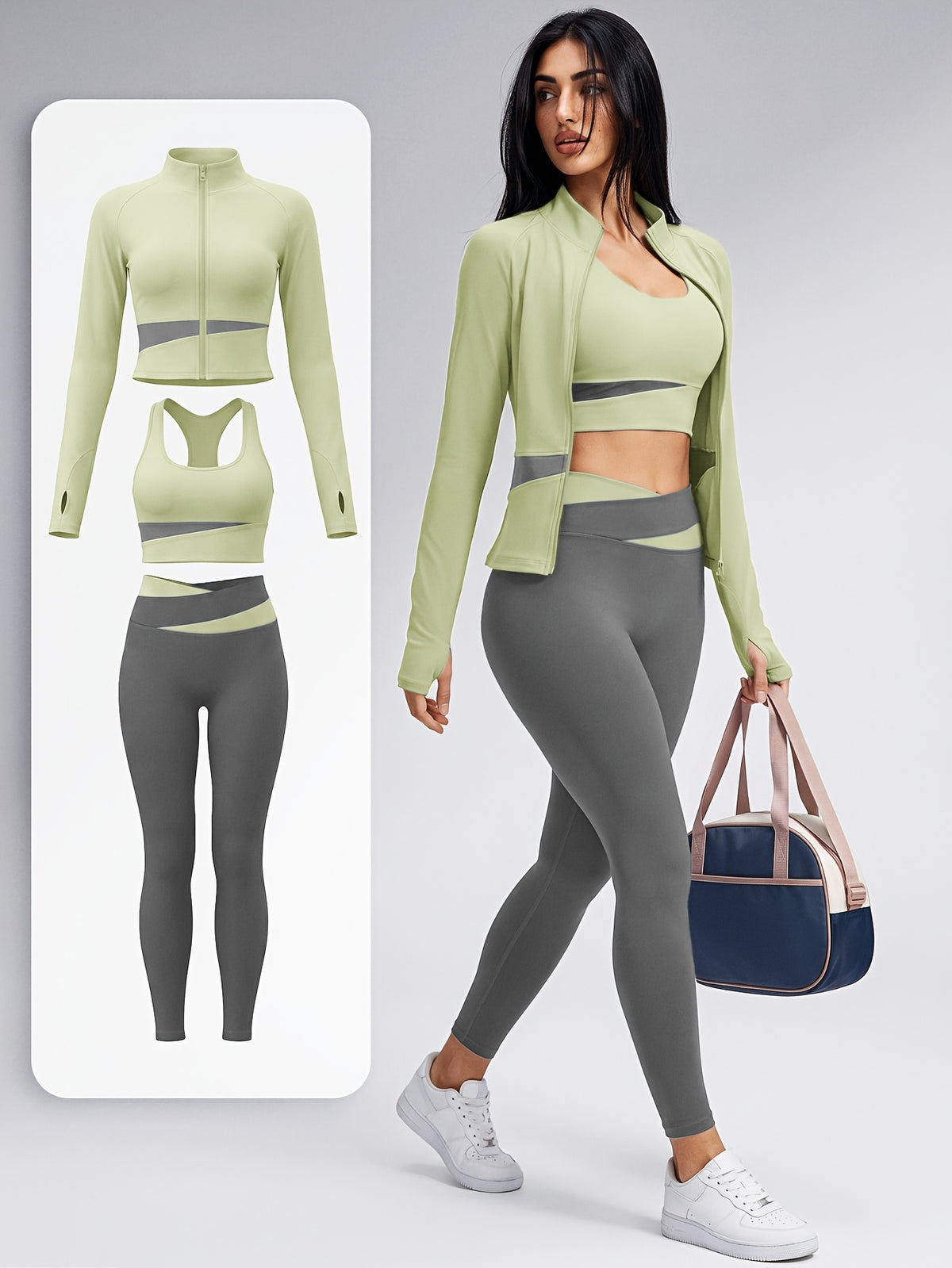 Colour Block Thumbhole Jacket 3 Piece Set - Light Green & Gray