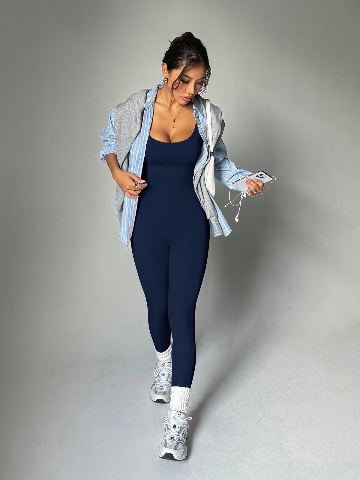 Open Back Full Length Bodysuit - Navy
