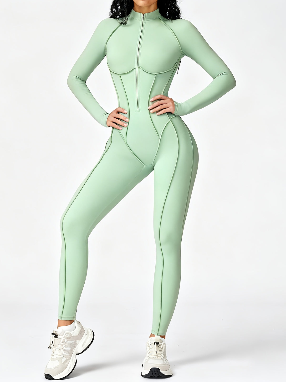 Half Zip Long Sleeve Jumpsuit - Stone Green