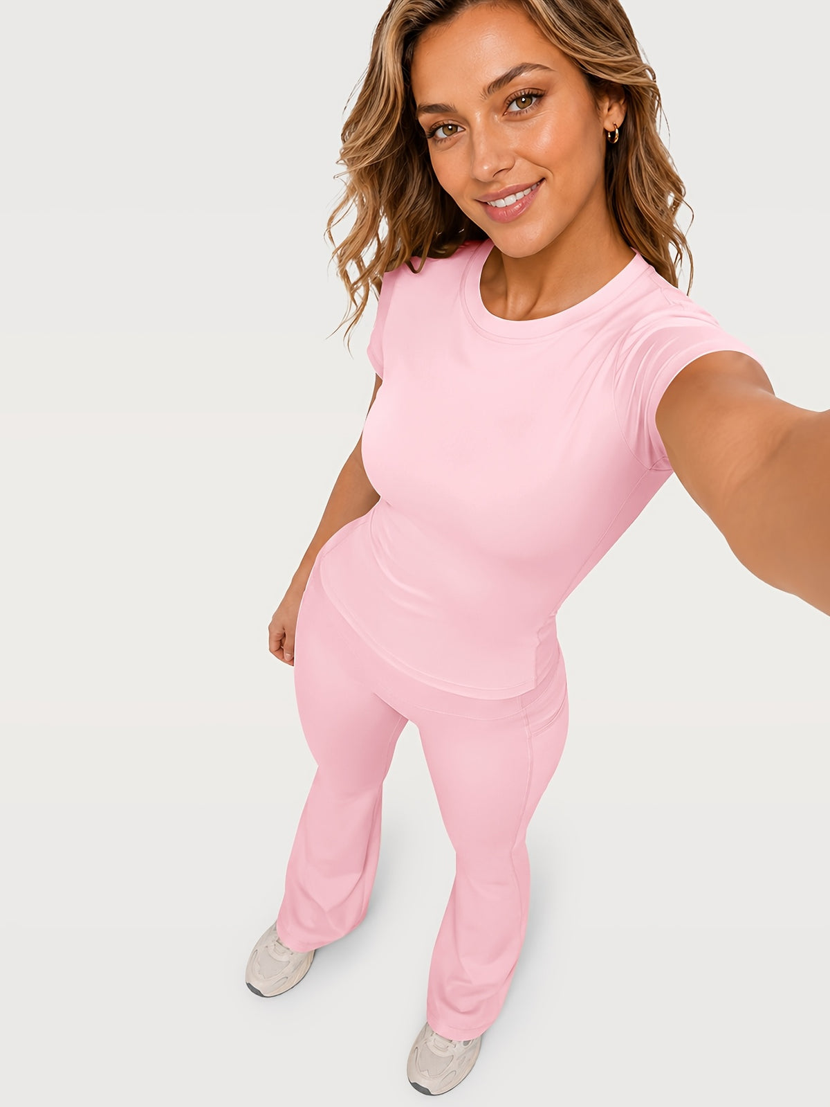 Fitted Tee & Flare Pants Set - Pink