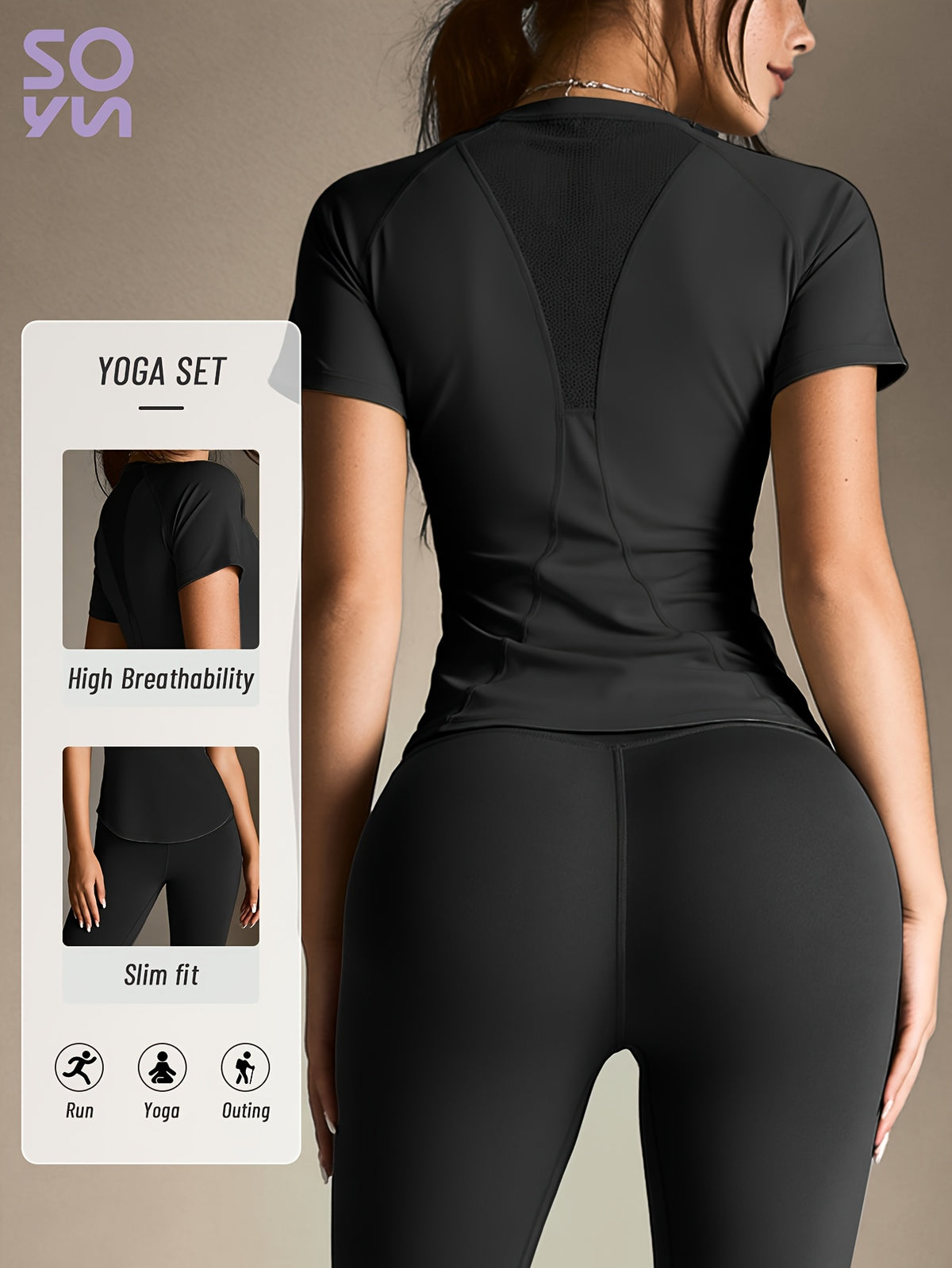 Mesh Cutout Tee & High Waist Leggings Set - Black