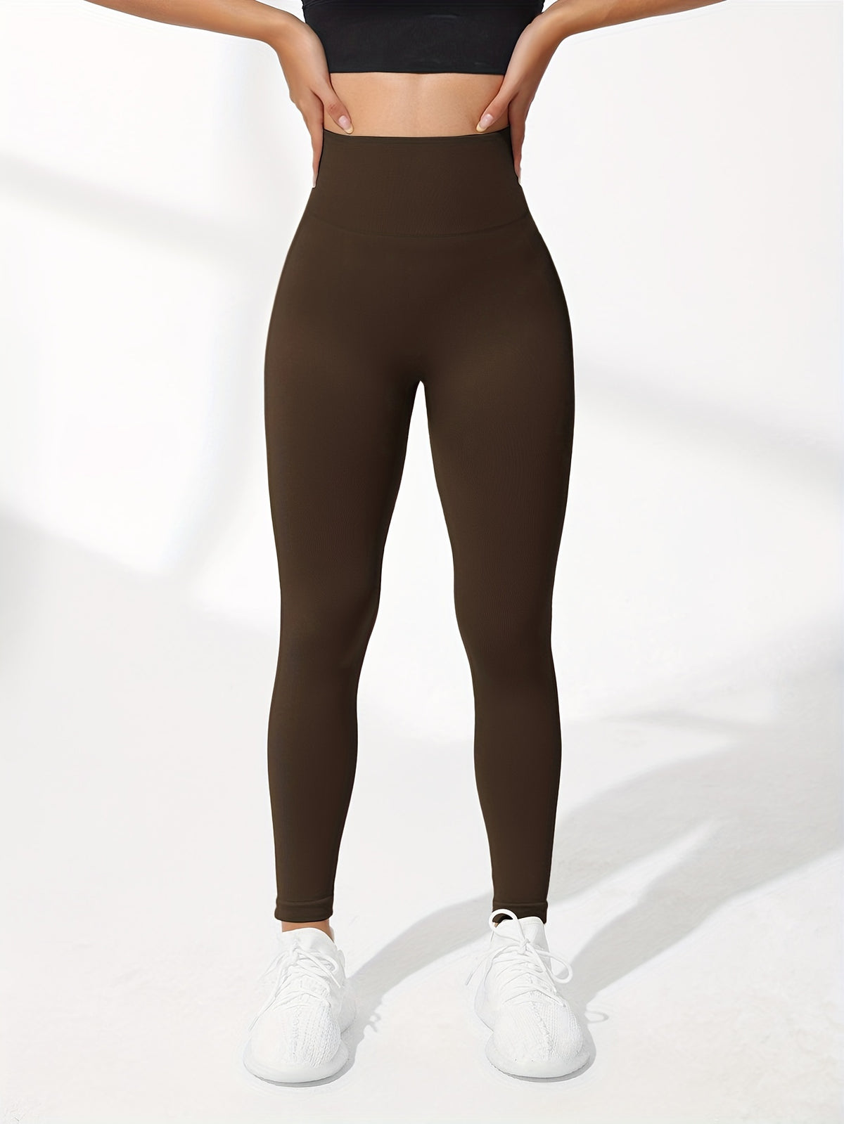 Tummy Control Wide Waistband Leggings - Dark Brown