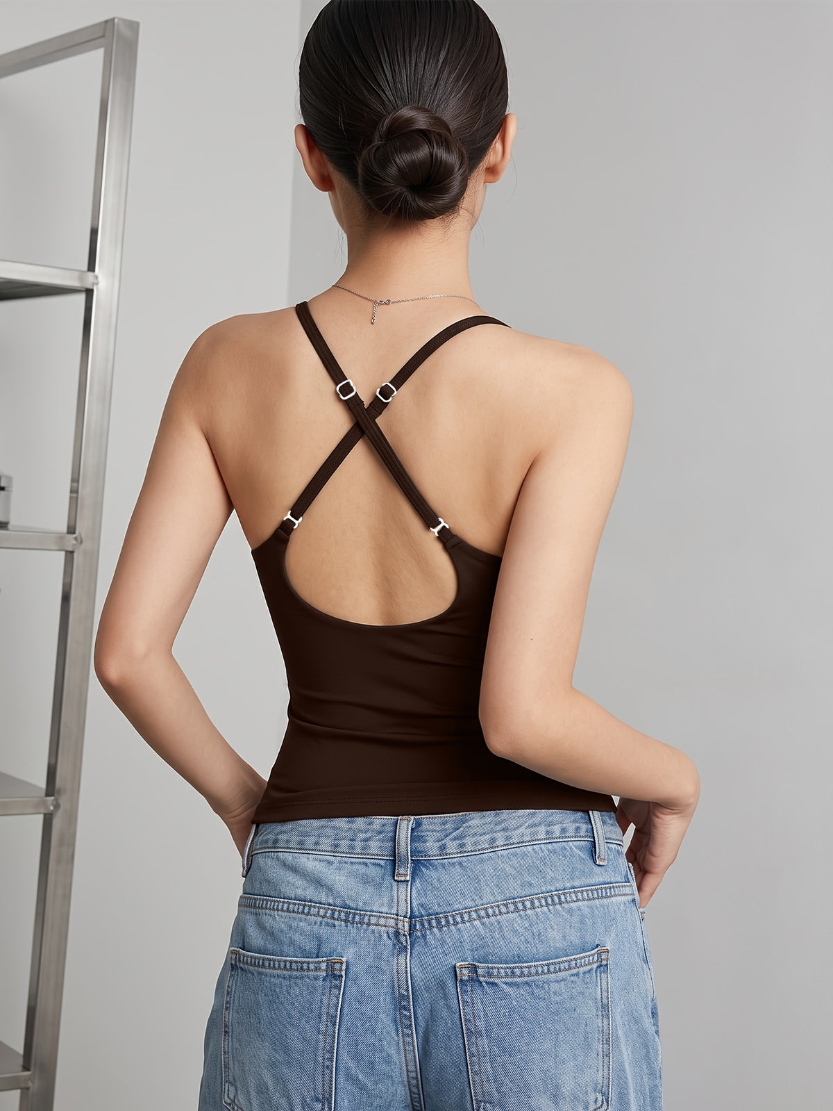 U-Neck Built-In Bra Tank Top - Coffee