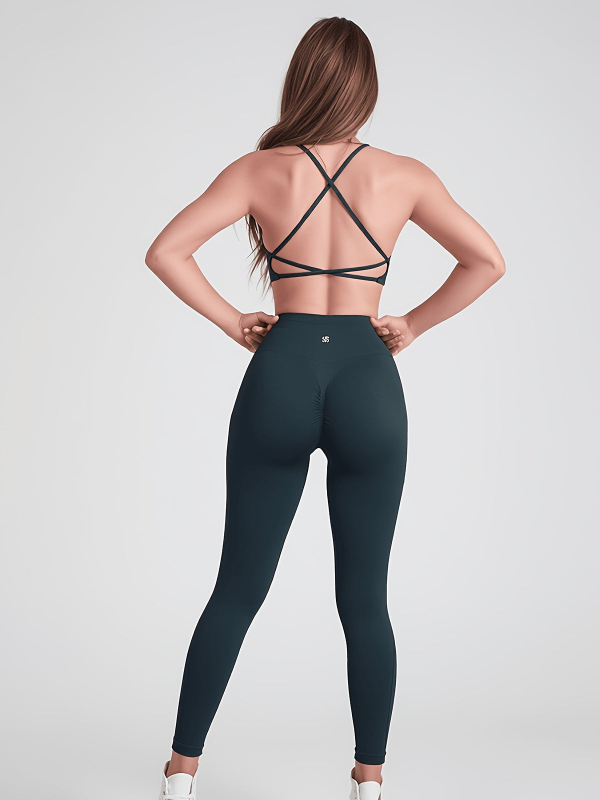 Spaghetti Strap Cross Back Bra & Leggings Set - Dark Green