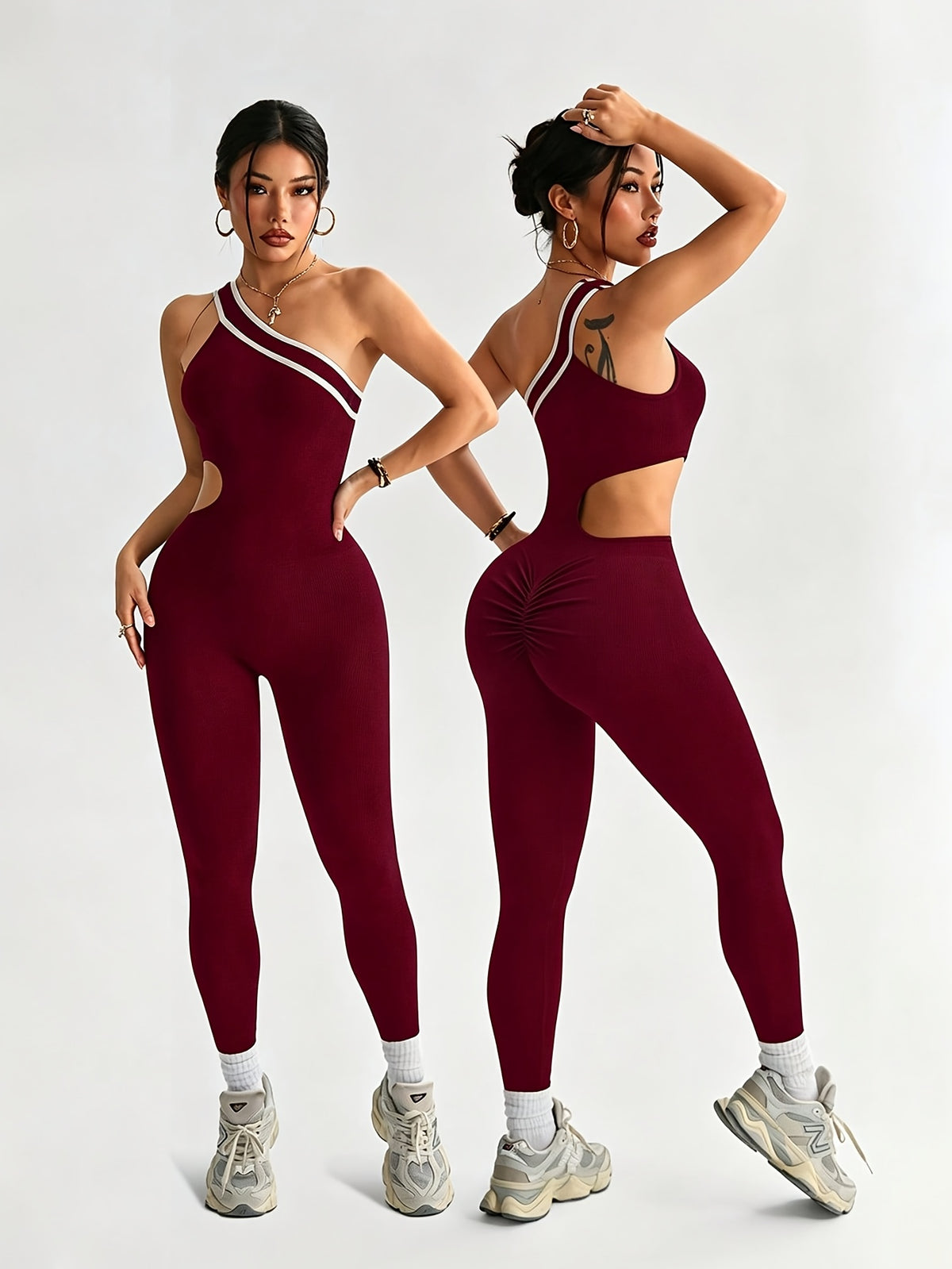 One Shoulder Cutout Jumpsuit - Burgundy