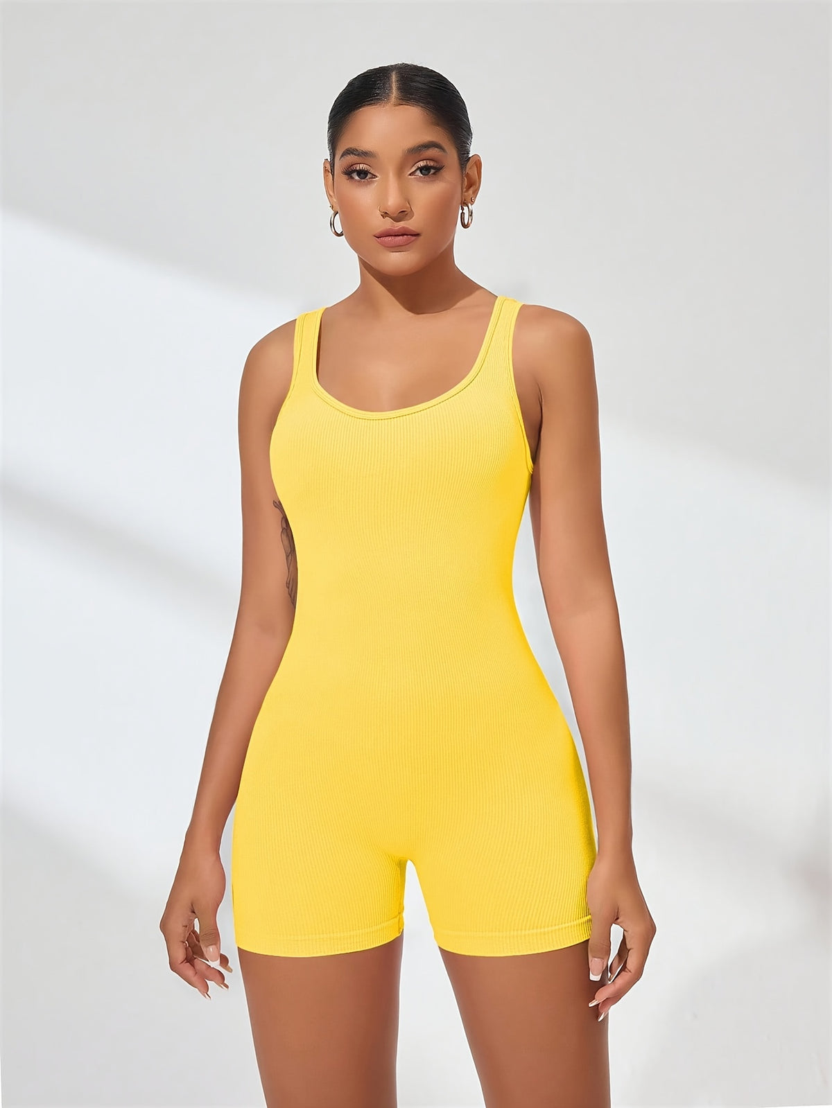 Ribbed Scoop Back Shorts Bodysuit - Yellow
