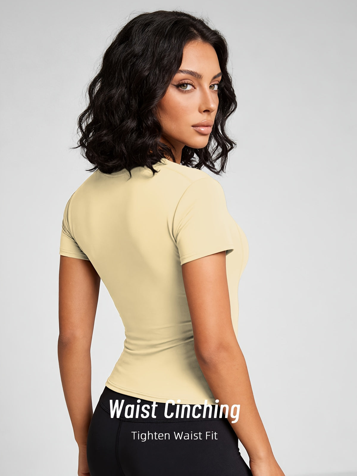 Quick-Dry Round Neck Yoga Tee - Light Yellow