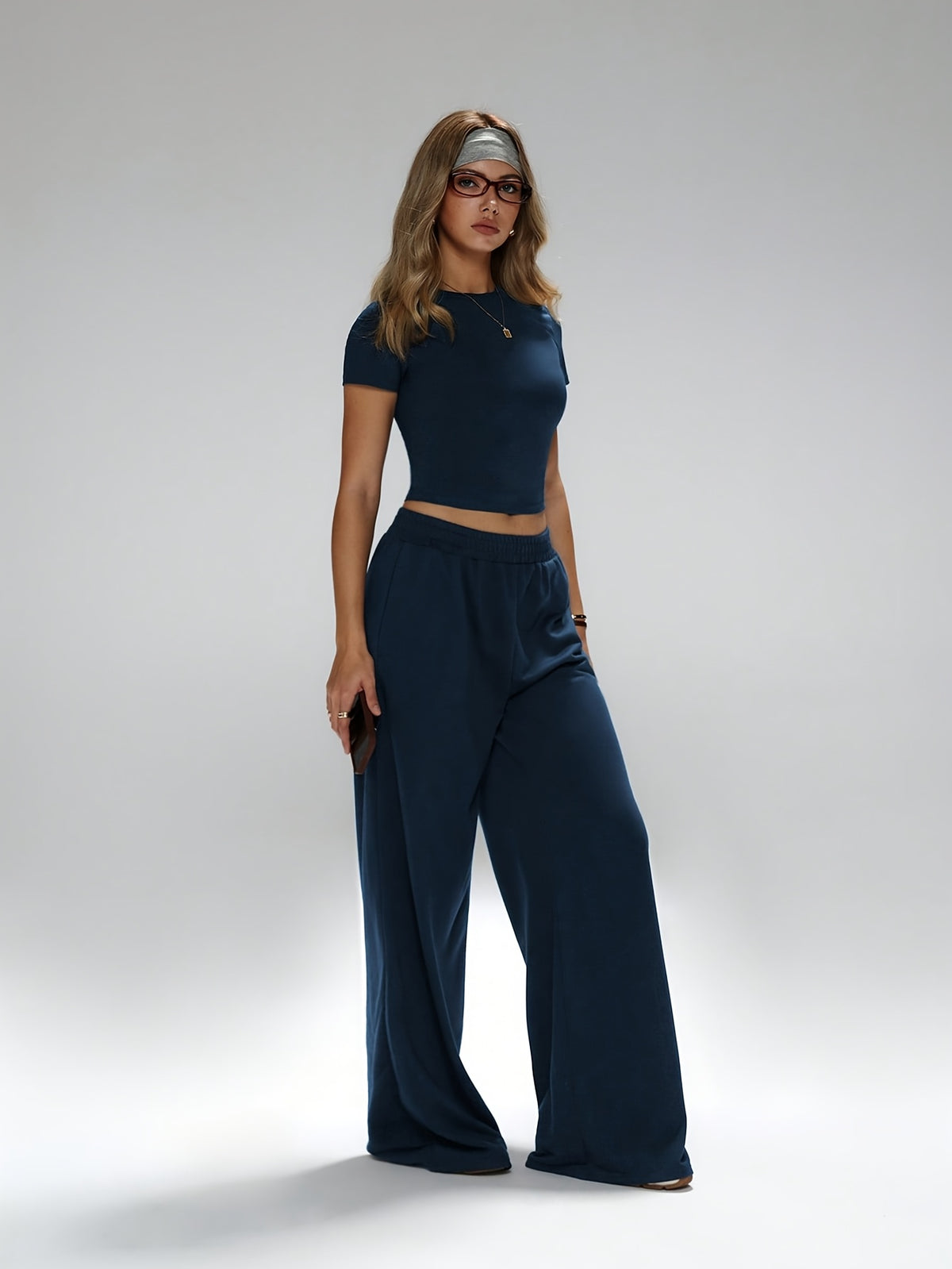 Fitted Tee & Wide Leg Pants Set - Navy