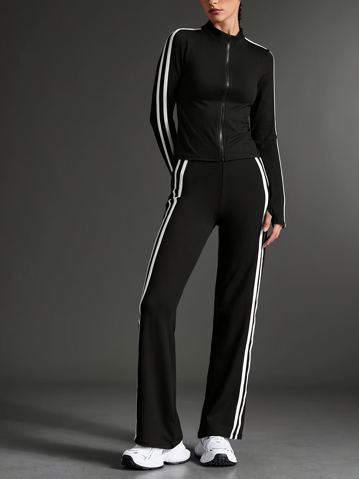 Thumbhole Crop Jacket & Wide Leg Pants Set - Black