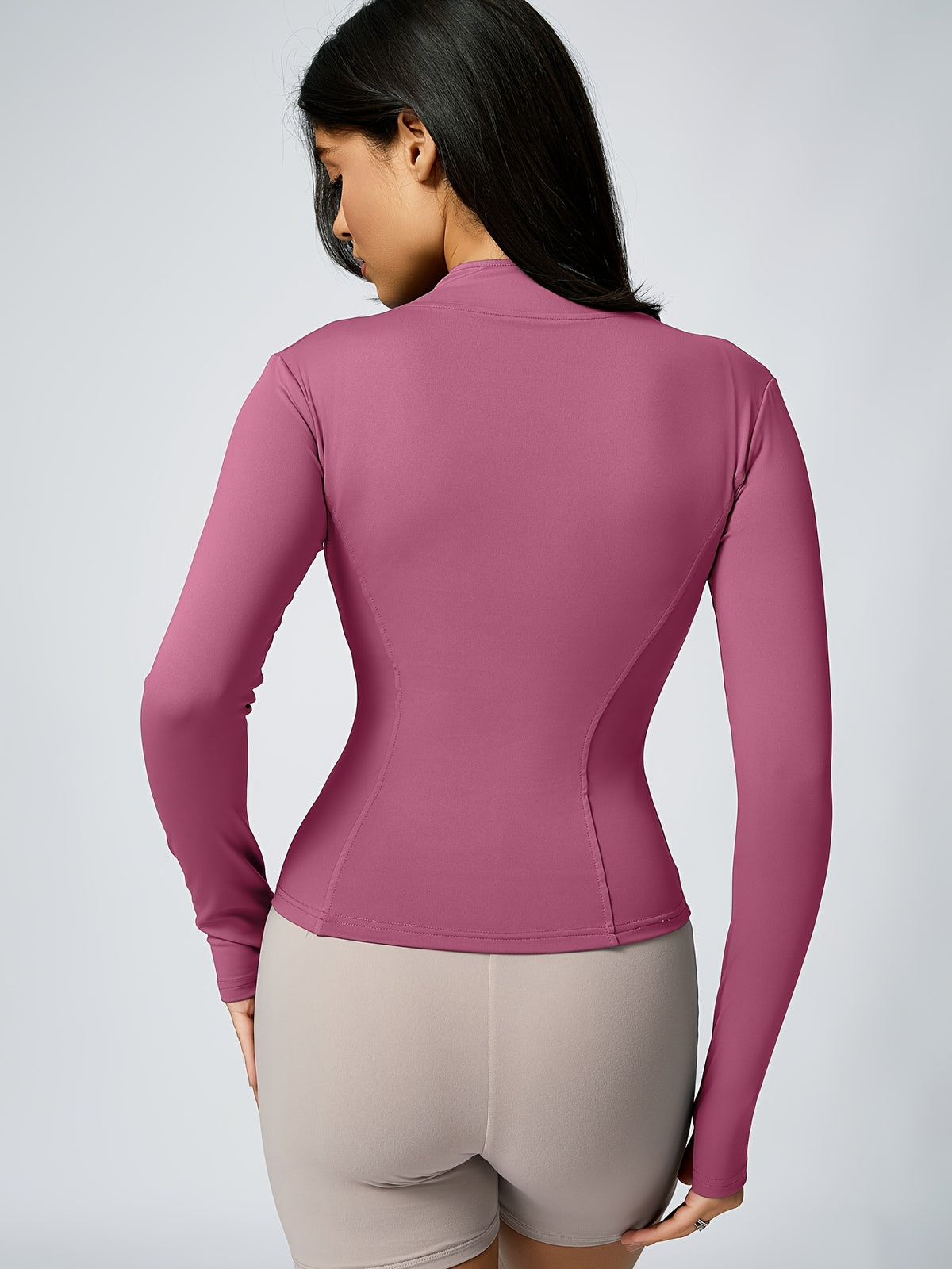 Stand Collar Thumbhole Zip Top - Rose
