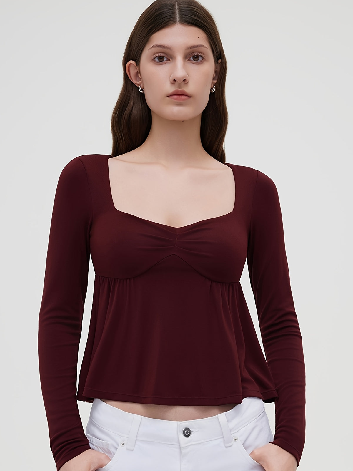 Ruffle Trim Doll Neck Long Sleeve Top - Burgundy