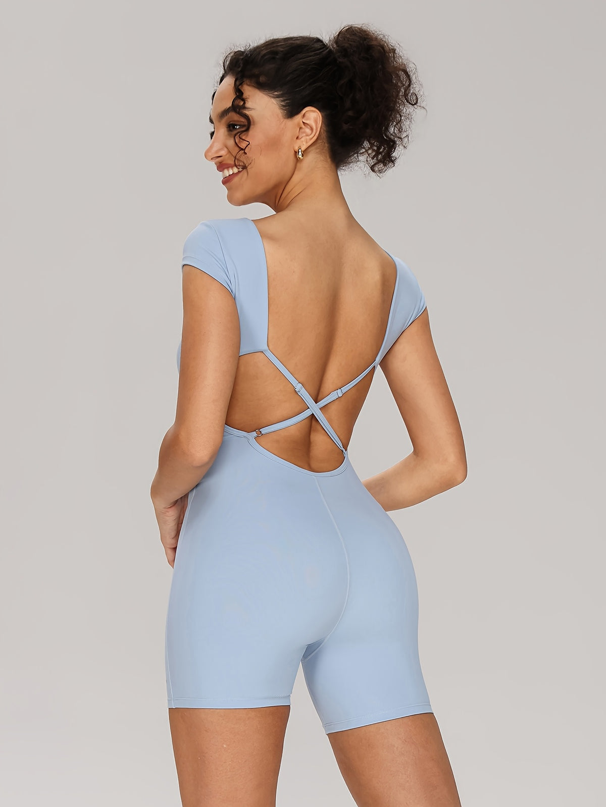 Short Sleeve Cross Strap Jumpsuit - Bright Steel Blue