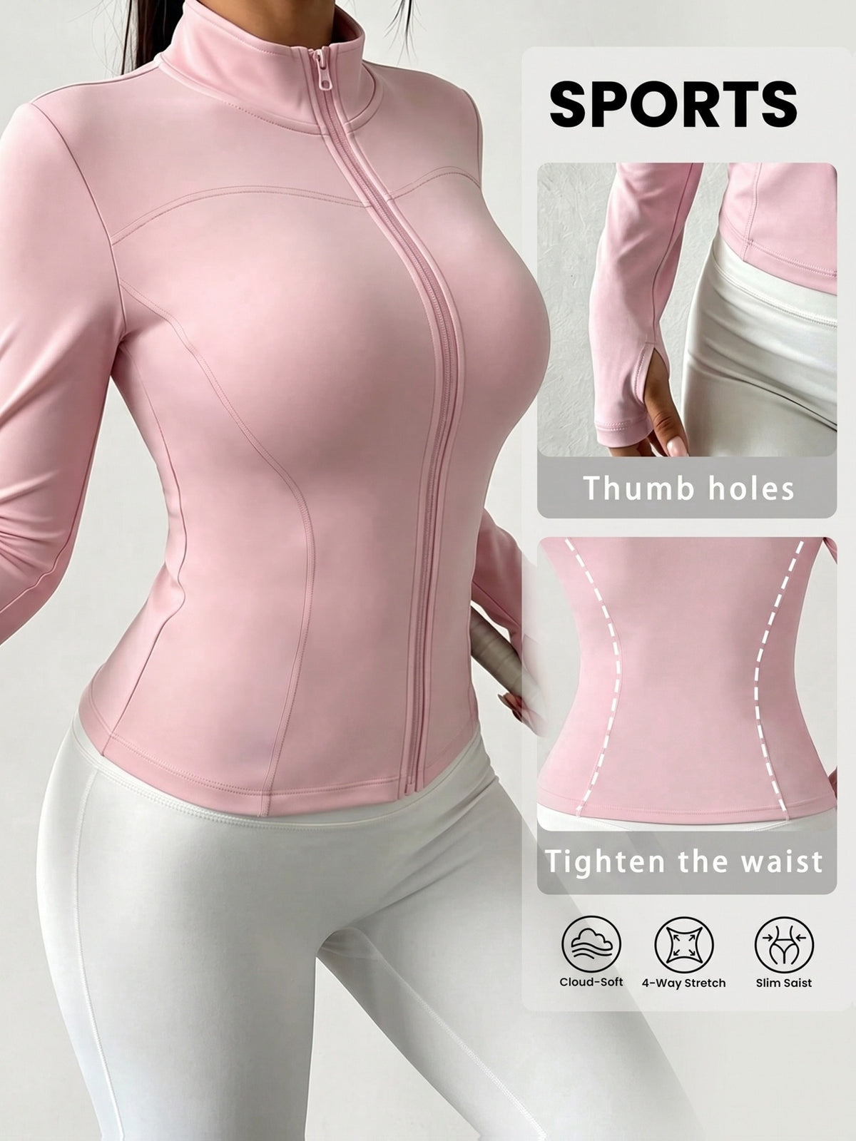 High Neck Thumbhole Zip Jacket - Hot Pink