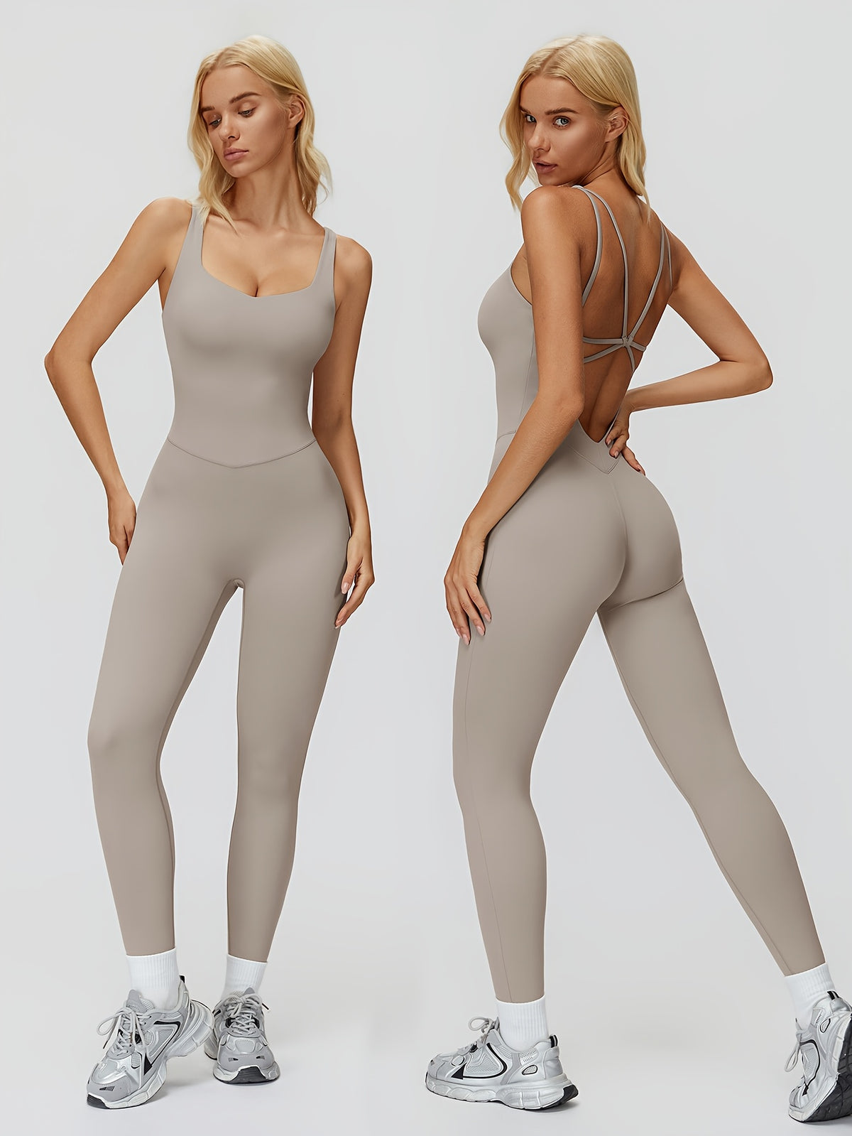 Cutout Back Yoga Jumpsuit - Silver Grey