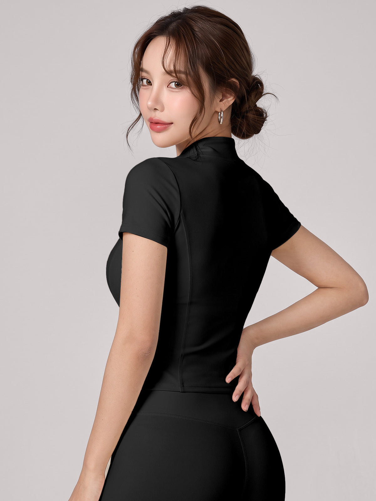 Short Sleeve Zip Top & Leggings Set - Black