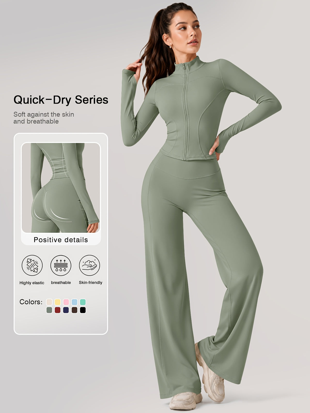 Zip Jacket & Wide Leg Pants Set - Sage Green