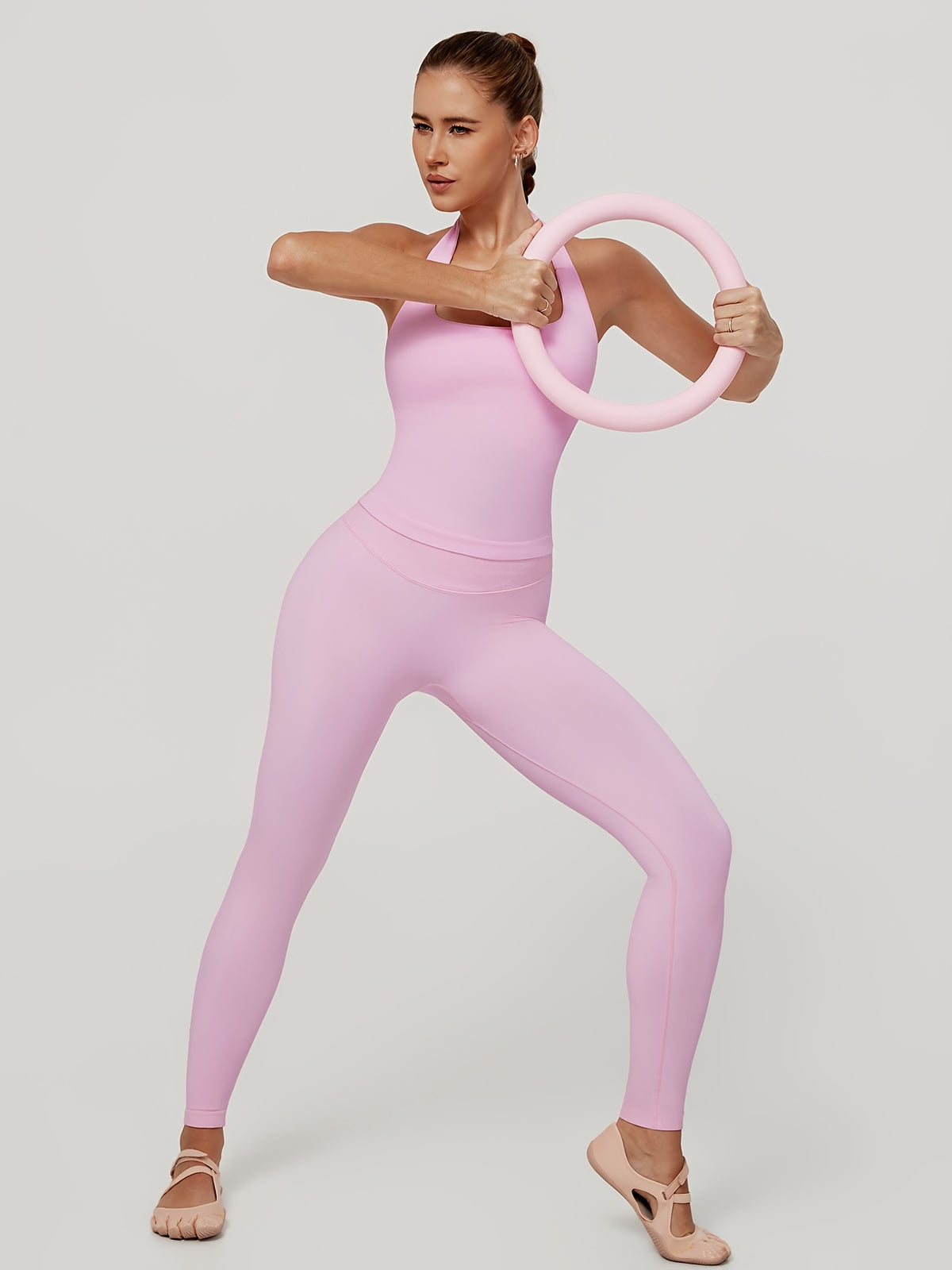 Square Neck Halter Tank & Leggings Set - Pink