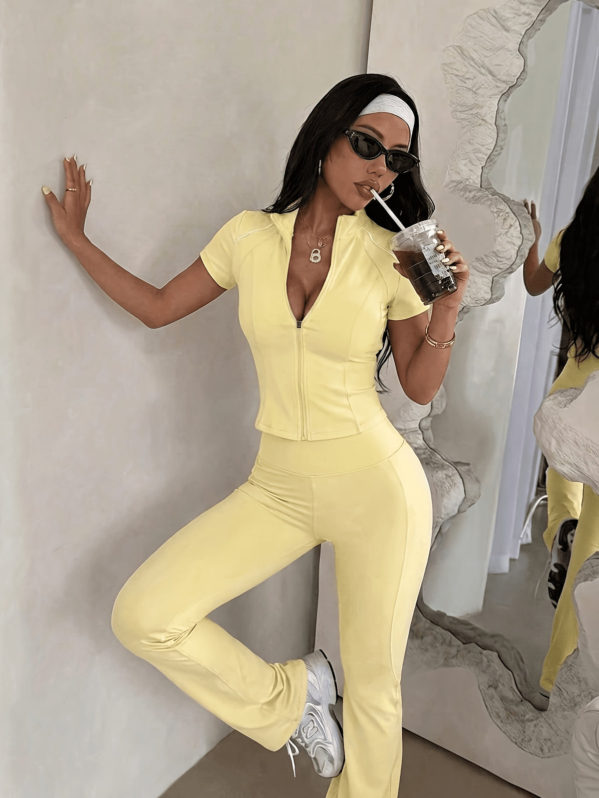 Short Sleeve Zip Top & Flare Pants Set - Light Yellow