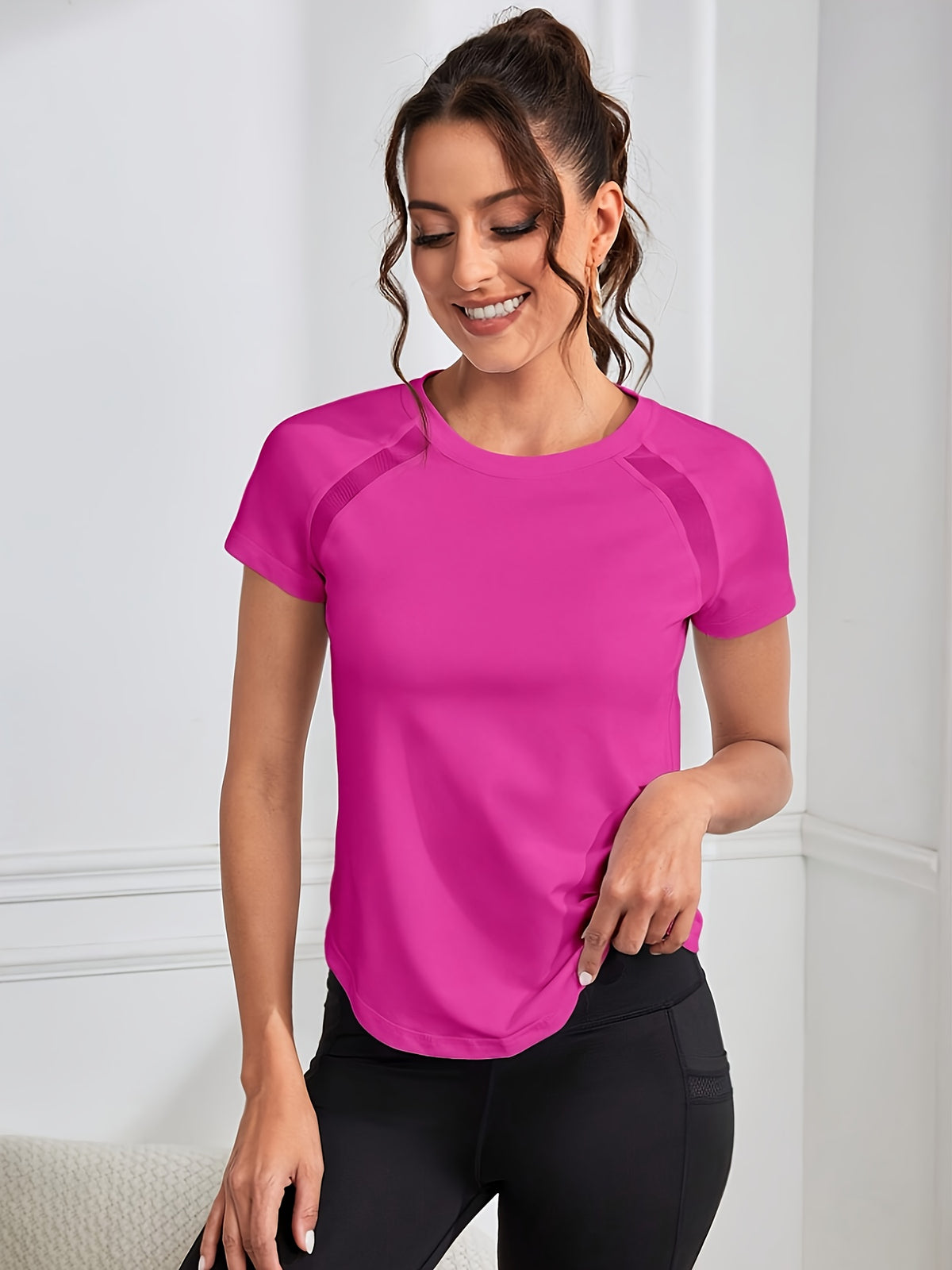 Mesh Spliced Quick-Dry Sports Tee - Rose