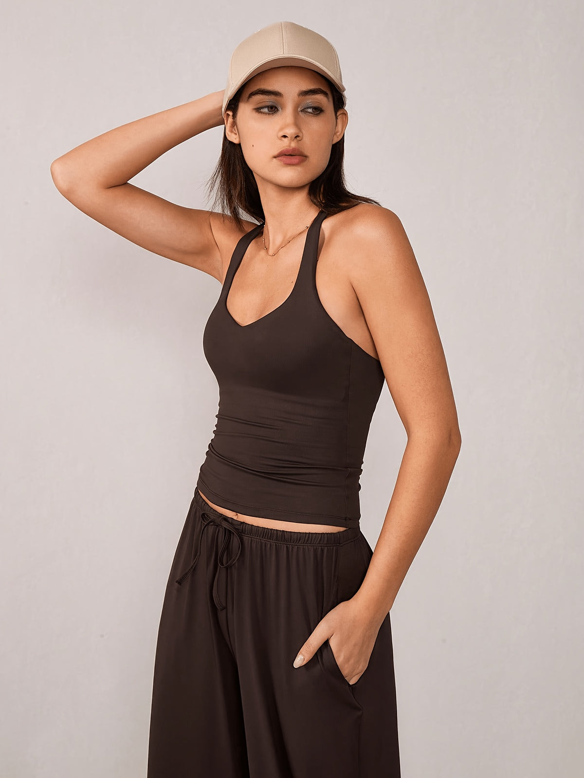 Racerback Tank & Wide Leg Pants Set - Coffee