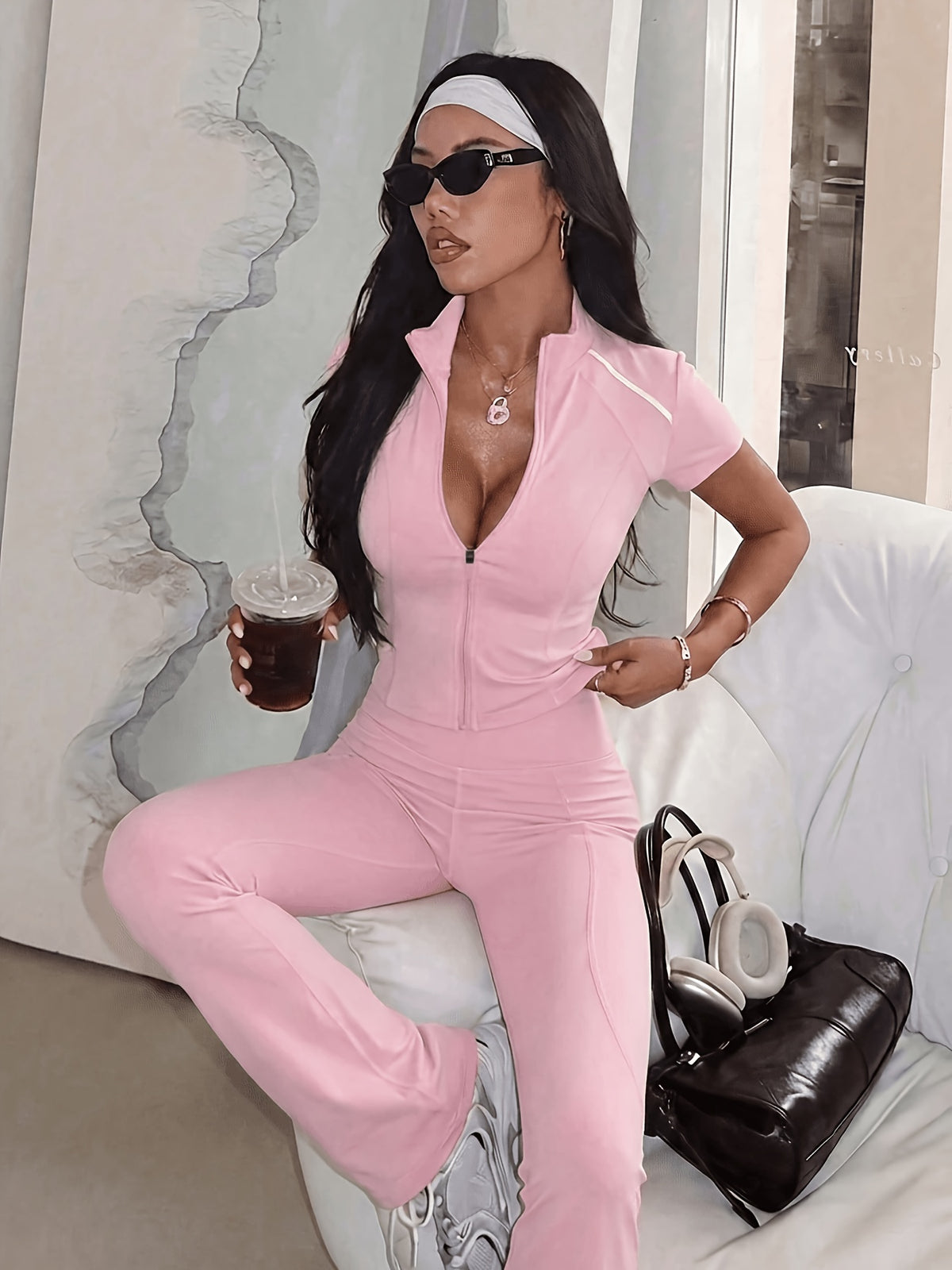 Short Sleeve Zip Top & Flare Pants Set - Pink Red