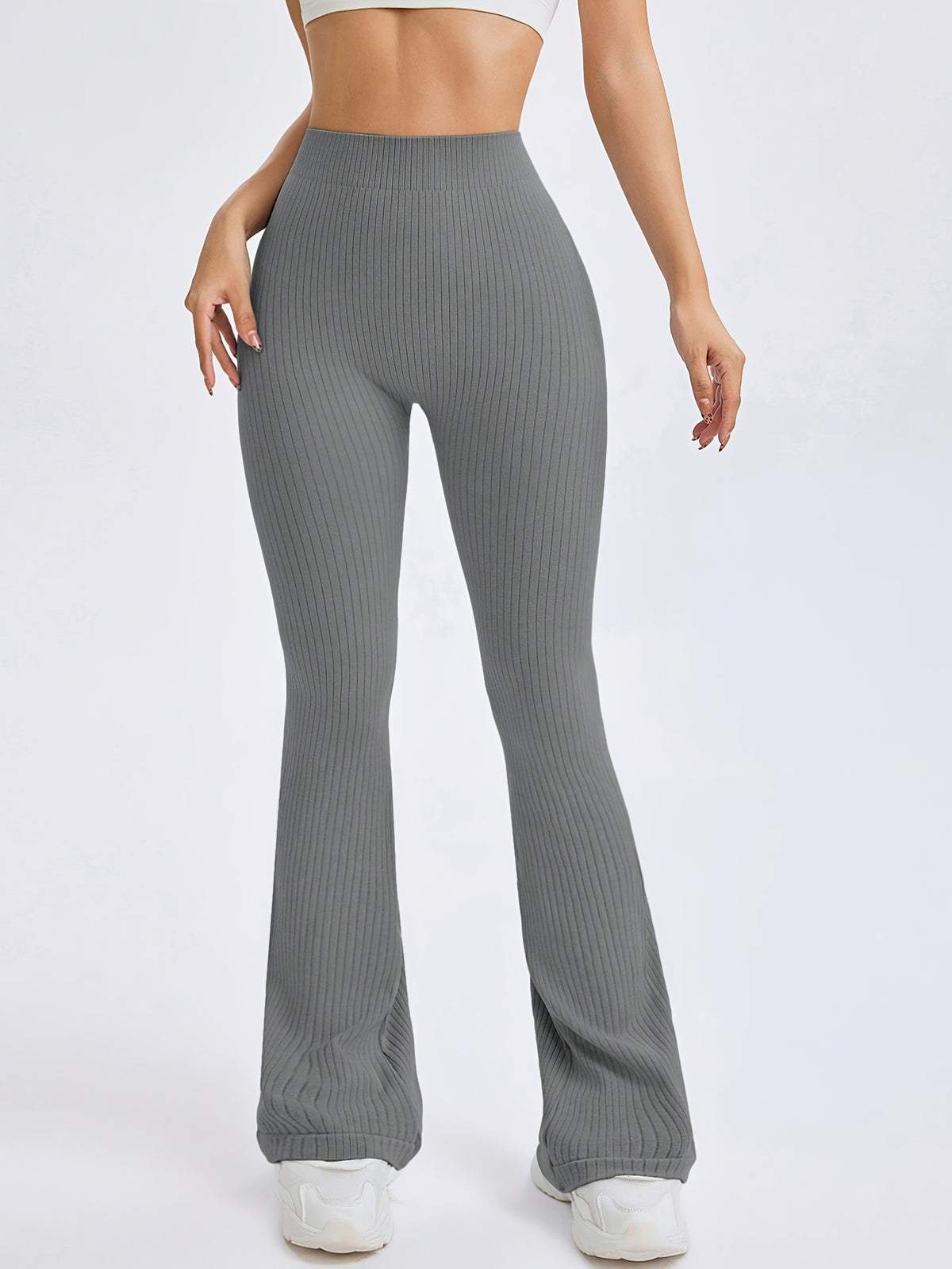 Ribbed V Waist Flare Leggings - Dark Grey